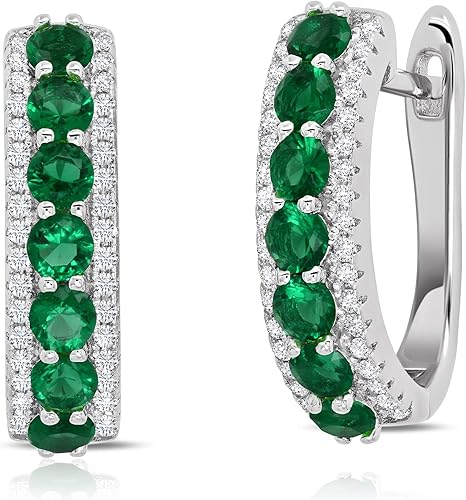 Aretes de aro de plata de ley 925 con gemas para mujer Aretes de piedra de nacimiento redonda simulada para mujer con postes con bisagra Aretes de