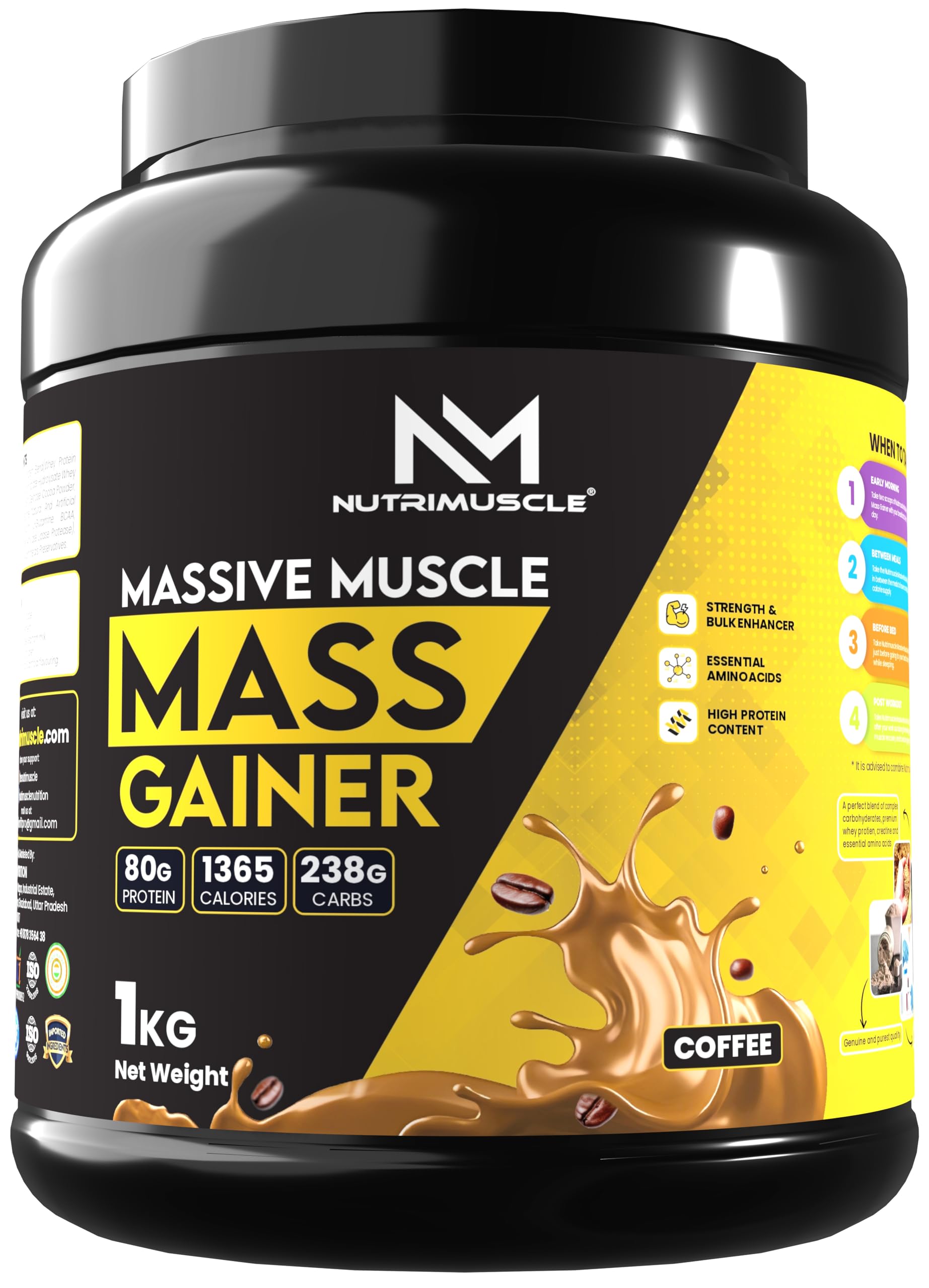 Nutrimuscle Massive Muscle Mass Gainer - 1 Kg - Coffee Flavour For Muscle & Mass Gain - Contains Creatine, Complex Carbohydrates, Protein
