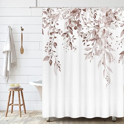 Vista 385 de Tititex - Juego de cortinas de ducha de eucalipto verde oliva, hojas de acuarela en la parte superior con decoración floral de baño, 60 x 72 Hojas