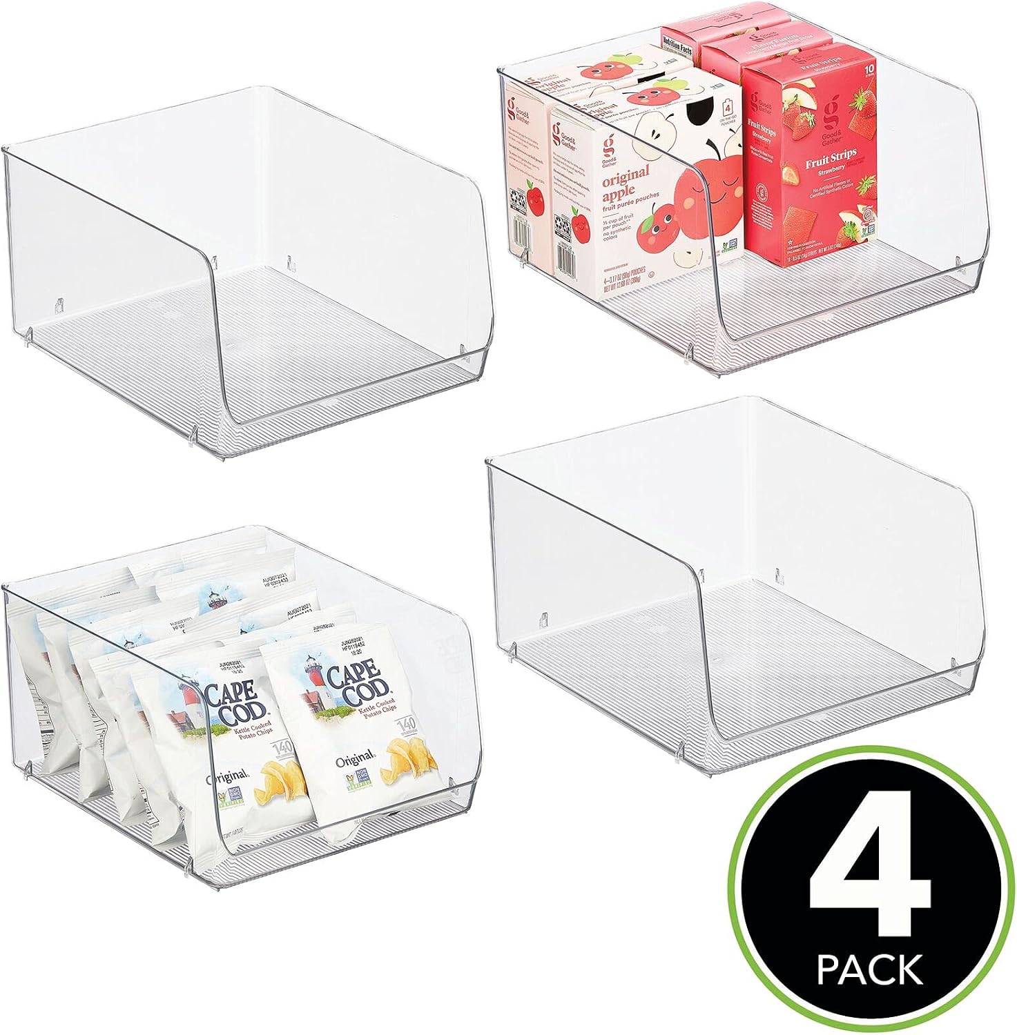mDesign Wide Stackable Plastic Food Storage Organizer Bin Basket with Open Front for Household Kitchen Cabinets, Pantry, Offices, Closets, Bedrooms, Bathrooms - 10.2" Wide, 4 Pack - Clear