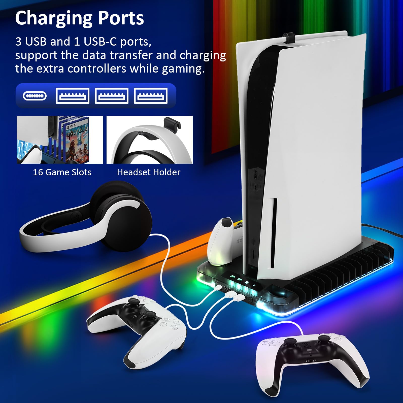 Supporto PS5/PS5 Slim/PS5 Pro con Ventola & Luce RGB, Trasparente PS5 Stazione di Raffreddamento Supporto di Ricarica con Controller Ricarica Stazione di ricarica per PS5/Slim/Pro Disco &Digital