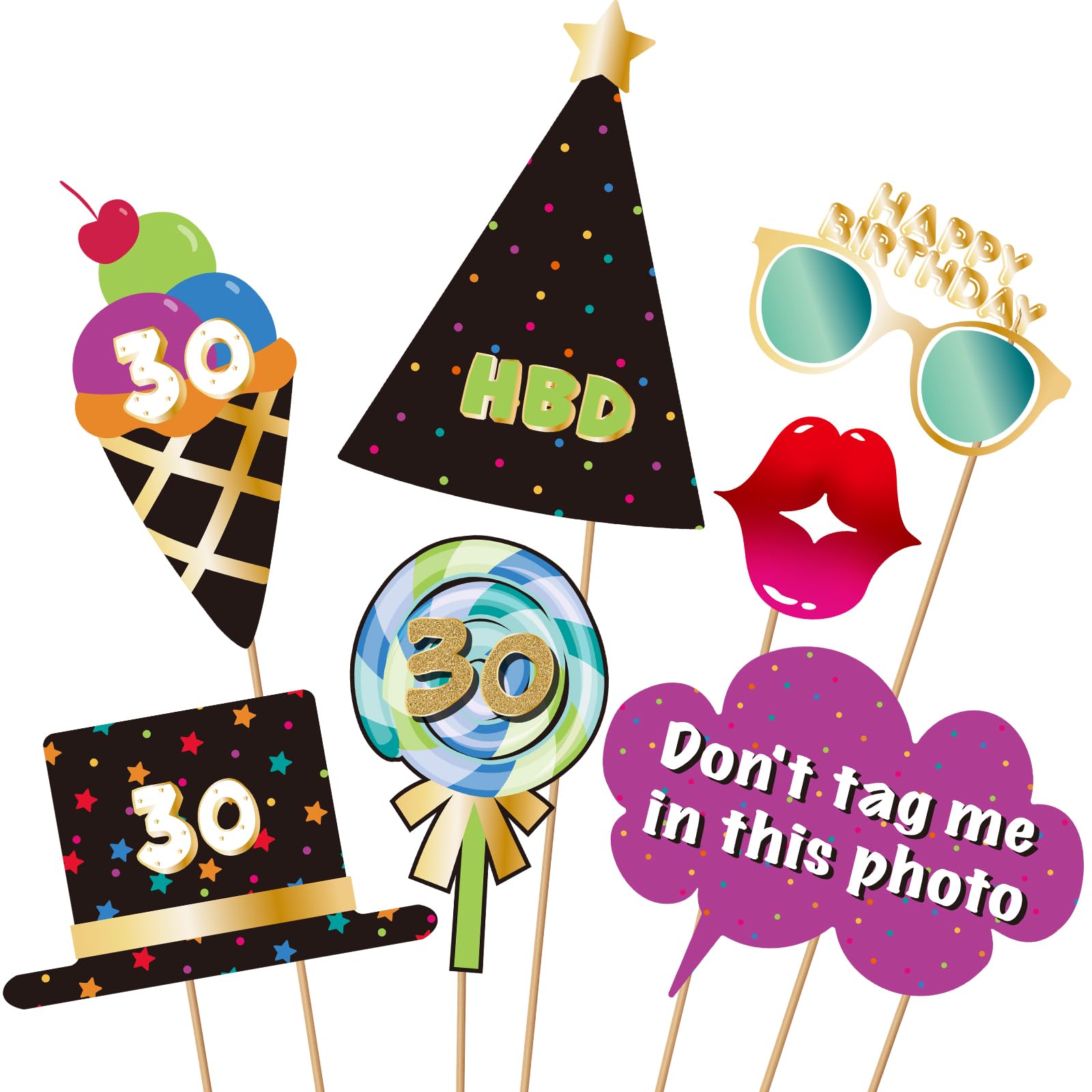 BRT Bearingshui 30th Photo Booth Props, 30th Accessories, Birthday Photo Booth and Signs for 30th, 30th Birthday Photo Booth Party Props, 30th Happy Birthday Party Decorations Supplies Favors