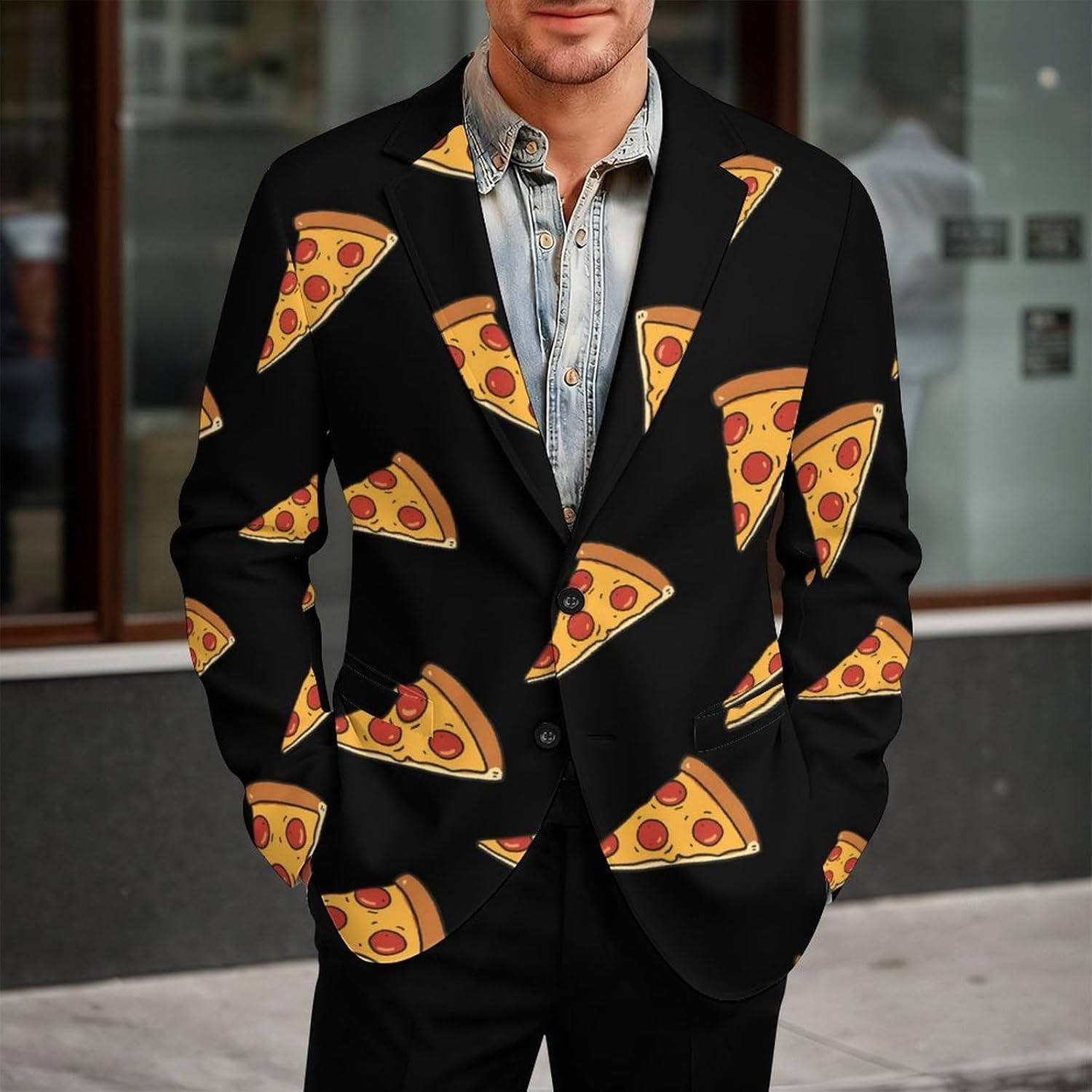 Cheese Pizza Trendy Men's Two Button Suit Funny Casual Slim Fit Blazer Coat Tuxedos Jackets