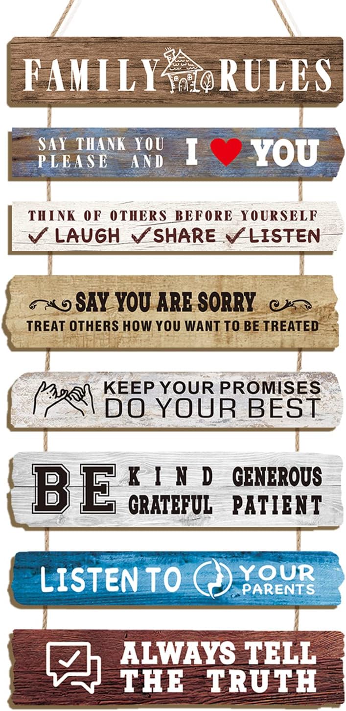 HLNIUC Family Rules Wall Decor,Family Positive Words Wooden Plaques, Inspirational Hanging kits,Grateful Sign Wooden Wall Art set of 8(19x12inch) I Love U Sign For Bathroom Living room Home Decor