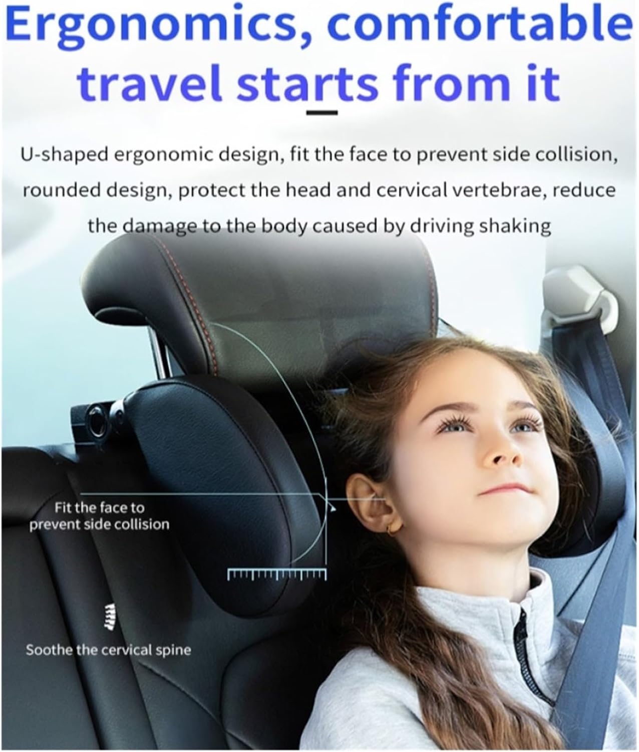 Universal headrest threeaxis car seat pillow neck pillow car seat universal models adjustable(A03 Classic Black)
