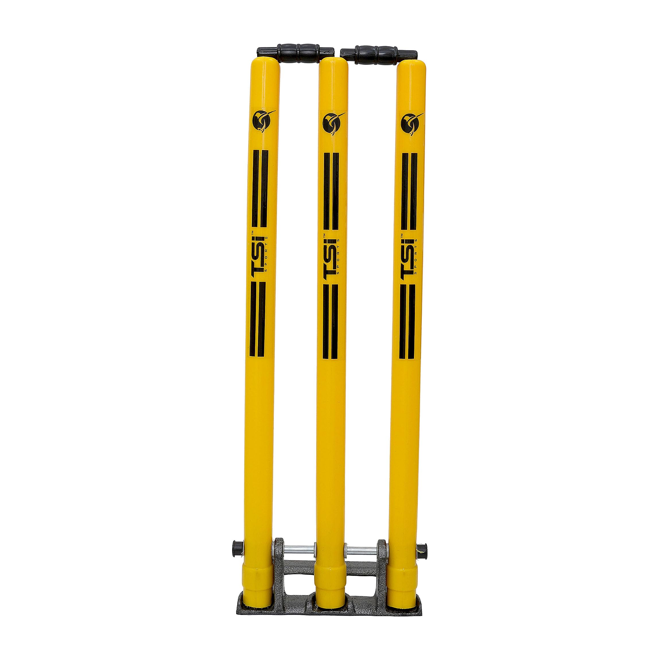 TSI Sports Cricket Stumps Set, Pink Spring Back Wooden Stumps with Stand, Practice Cricket Ball with String-image-1