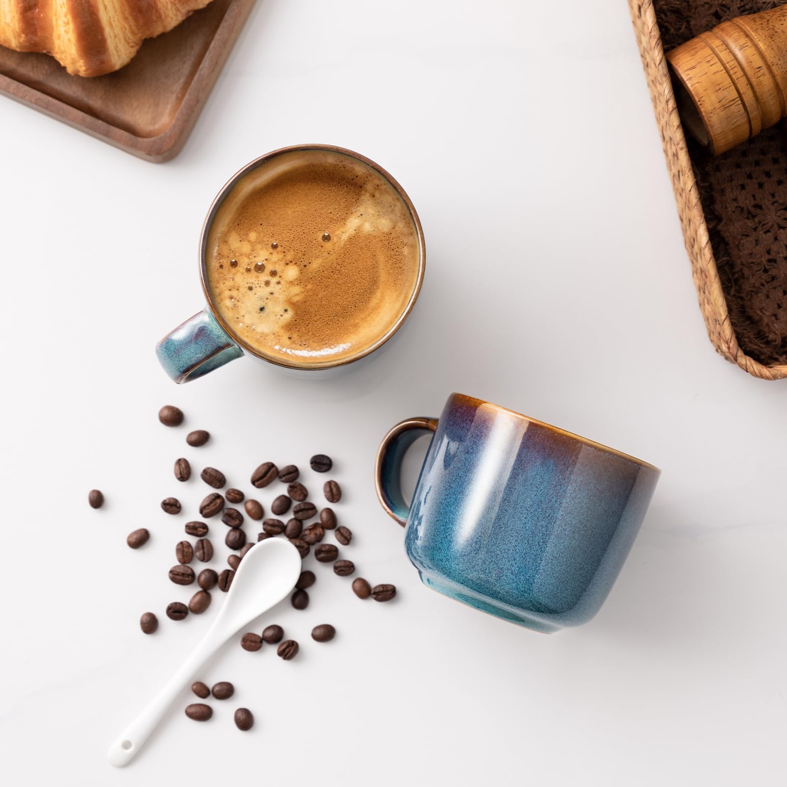 Kaffeebecher 6 Teilig, Keramik Tassen Teetasse für 6 Set, Multifunktional, Spülmaschinen Mikrowellenfest, Coffee Mug, Kaffeetassen 360 ml Blau Kaffee Becher