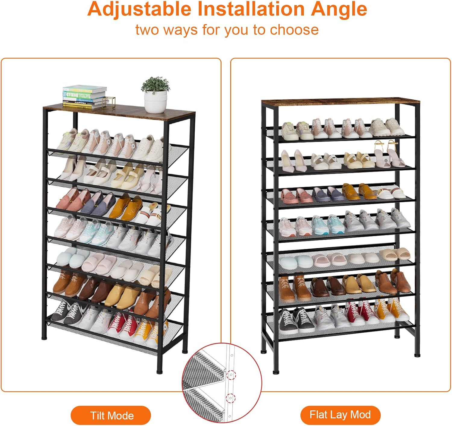 Large Shoe Rack 8 Tier Shoe Organizer, Heavy Duty Metal Shoe Storage Vertical Shoe Rack for Closet Front Door Entrance, Up to 28 Pairs, Top Wooden Storage Shelf, Black