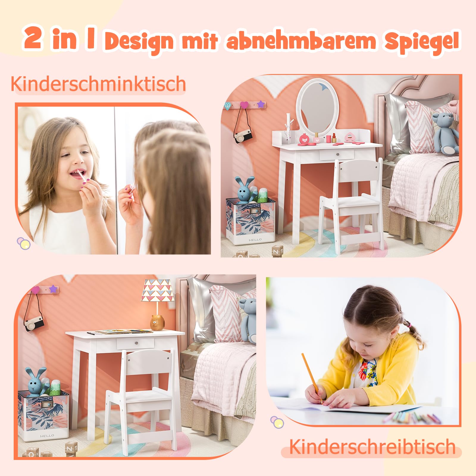 DREAMADE Schminktisch Kinder mit LED-Spiegel & Kiefernholzbeine, Prinzessin Frisiertisch mit Schublade & Schmuckständer, Kinderschminktisch mit Hocker für Kinder Mädchen (Weiß)
