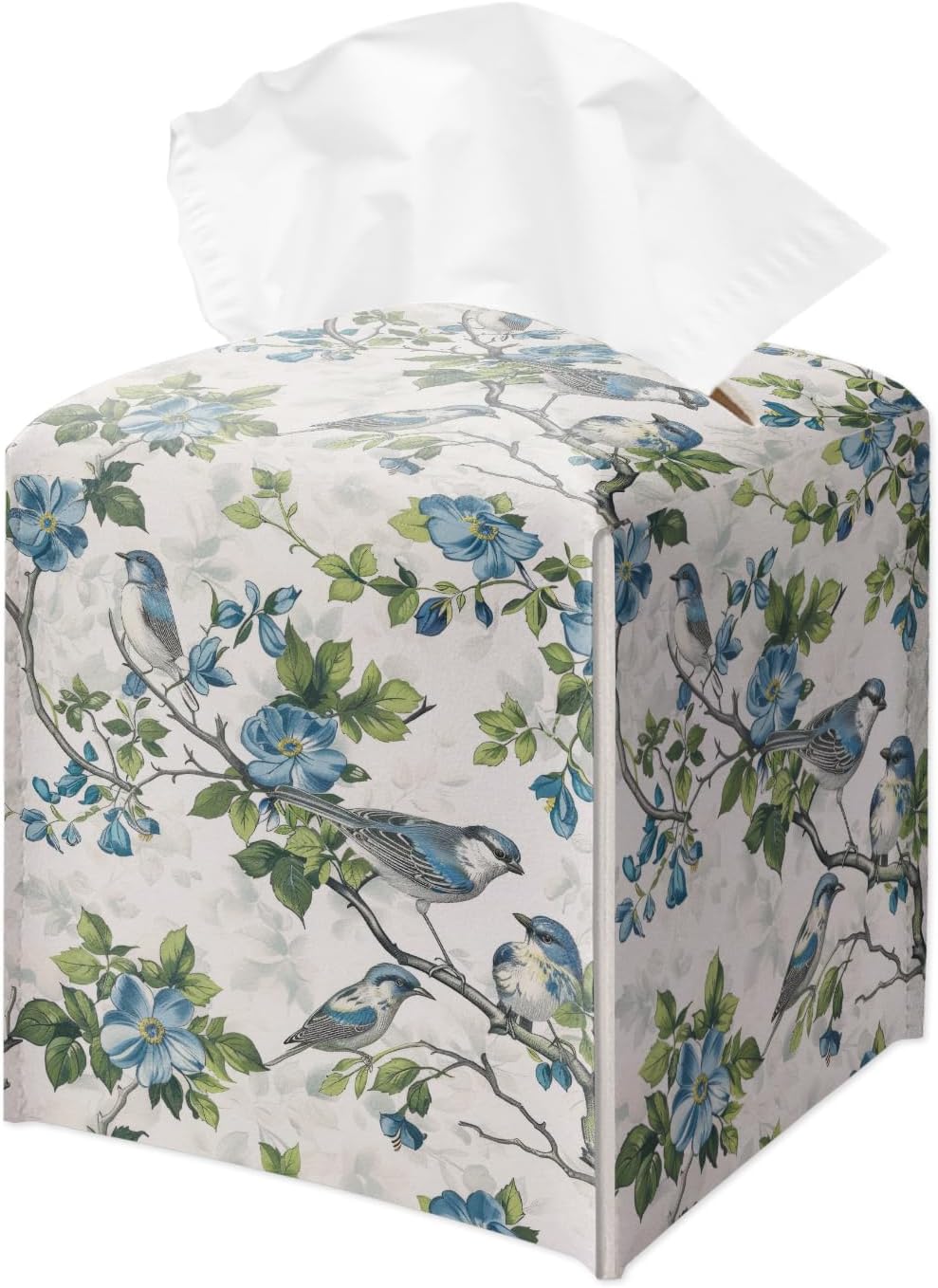 Vintage Floral and Bird Tissue Box Holder, Leather Tissue Box Cover Square, Waterproof Facial Paper Organizer Dispenser for Home Bathroom Bedroom Vanity Night Stand Office Countertop -016