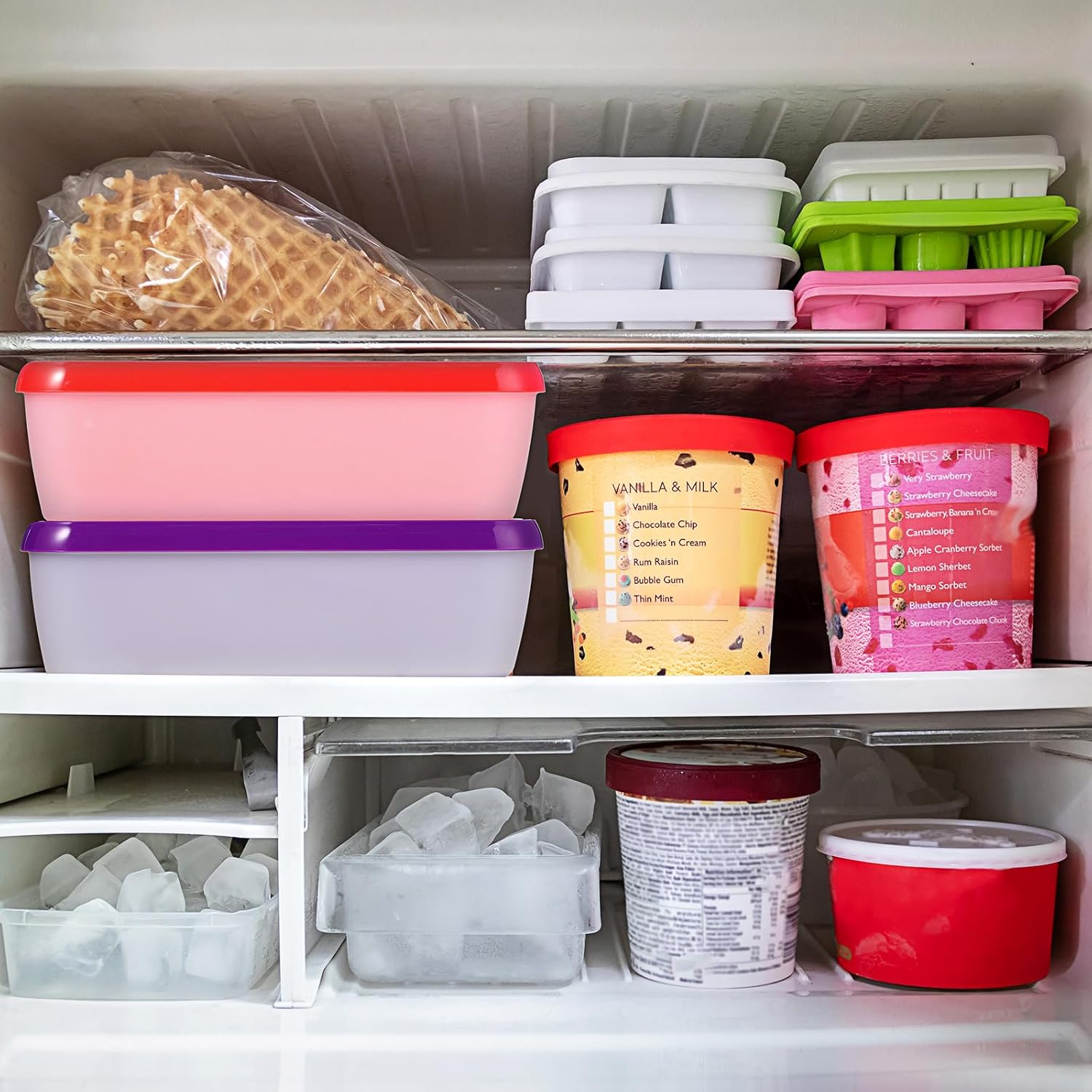 Nuenen 2 Pcs Reusable Ice Cream Containers with Lids and a Scoop 1.5 Quarts Plastic Rectangle Dessert Storage Tubs Homemade Ice Cream Storage Containers for Freezer Kitchen Refrigerator (Purple,Red) - Image 6