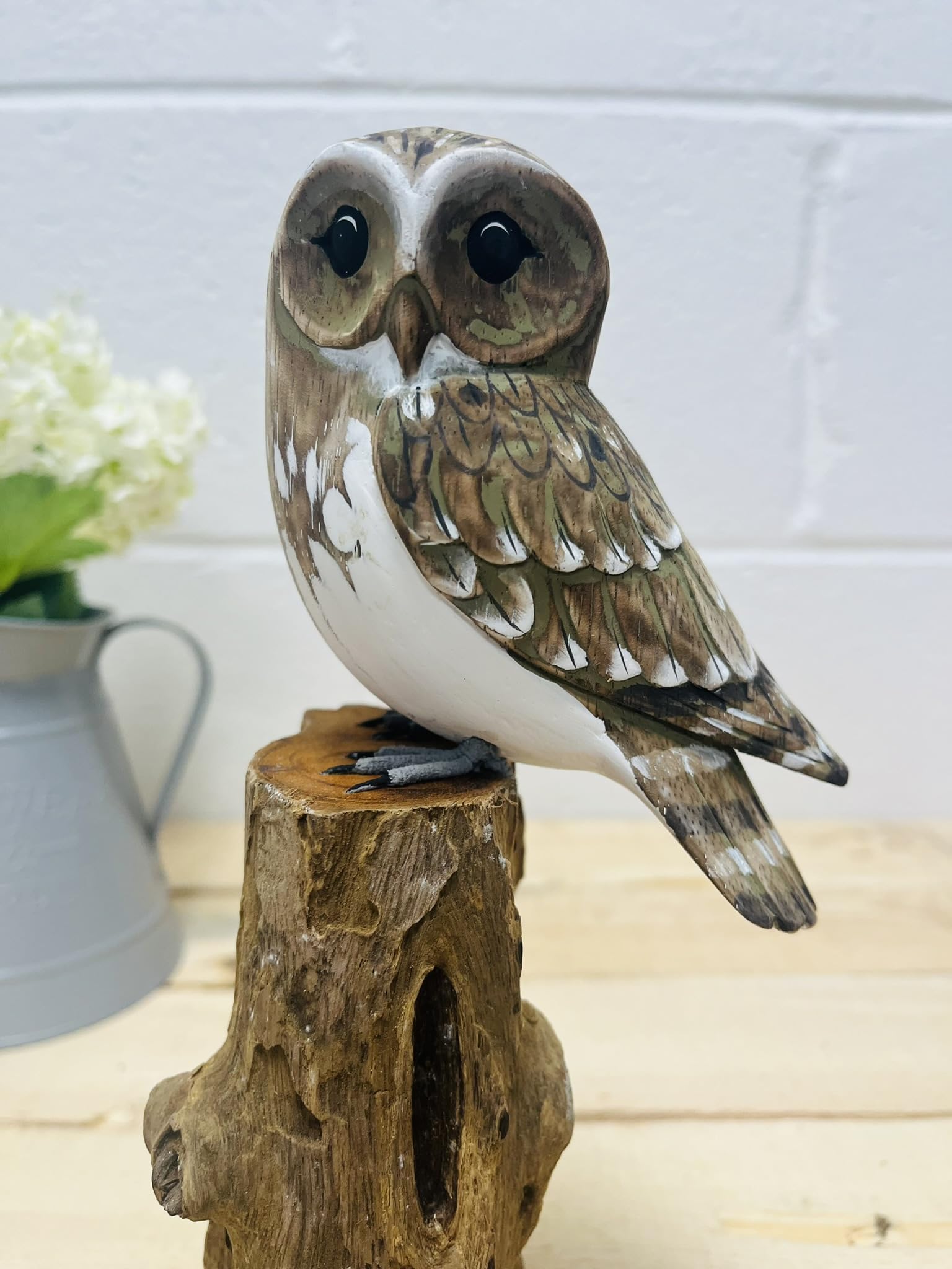 My Square Mile Single White Owl Bird Statue Ornament | Wooden Hand Carved Bird | Tree Stump Painted Great British Birds Indoor/Outdoor Garden Ornament (Single White Owl)