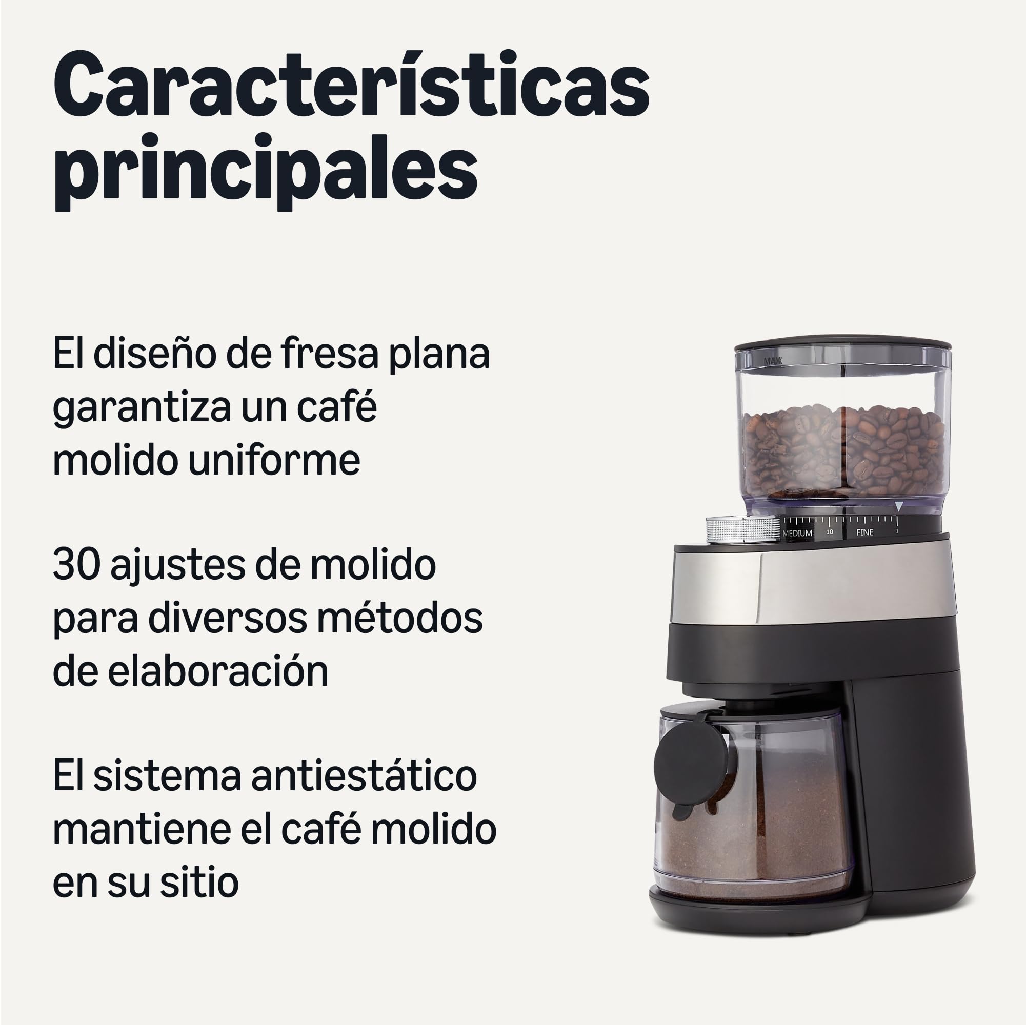 Amazon Basics Molinillo de café eléctrico con 30 ajustes de molienda para prensa francesa, café de goteo y espresso, negro