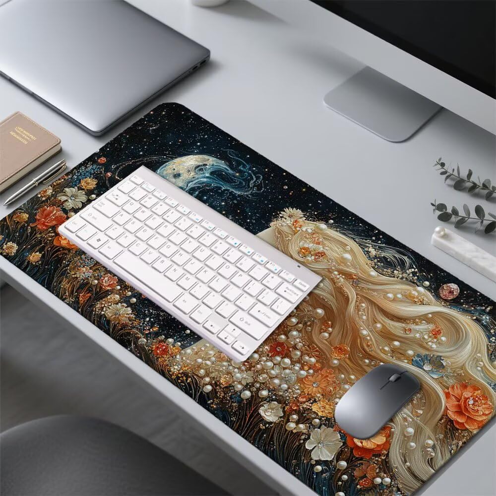 Tappetino Scrivania ragazza, Tappetino Gaming 1000x500x3mm Mouse Pad Luna Tappeto Mouse, Accessori Gaming, Ufficio Accessori, Migliora la Precisione e la Velocità, per Ufficio e Casa f-329