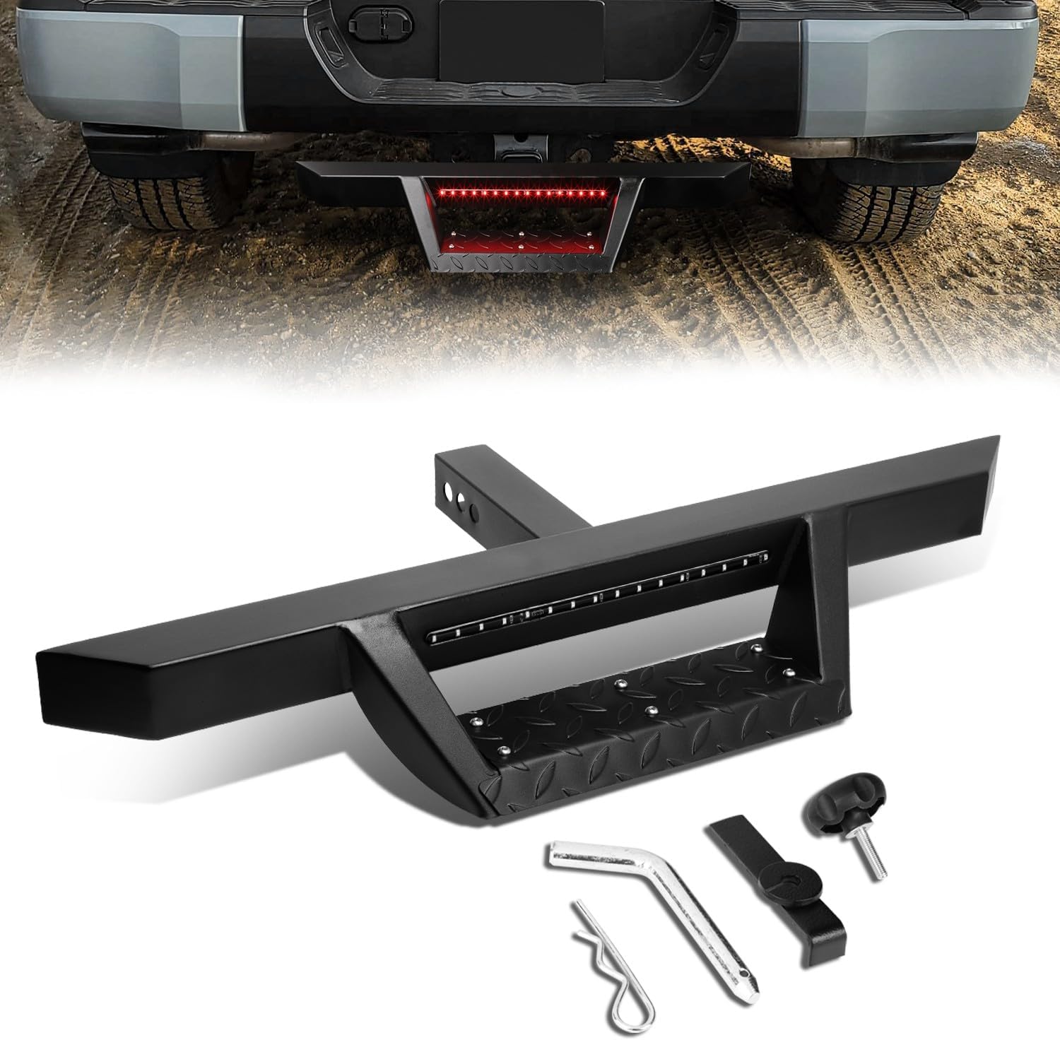 Universal Rear Trailer Tow Hitch Step Bar 32.5" Square with LED Brake Light Stainless Tread Fits 2" Receiver 350 lbs Pickup Truck SUV