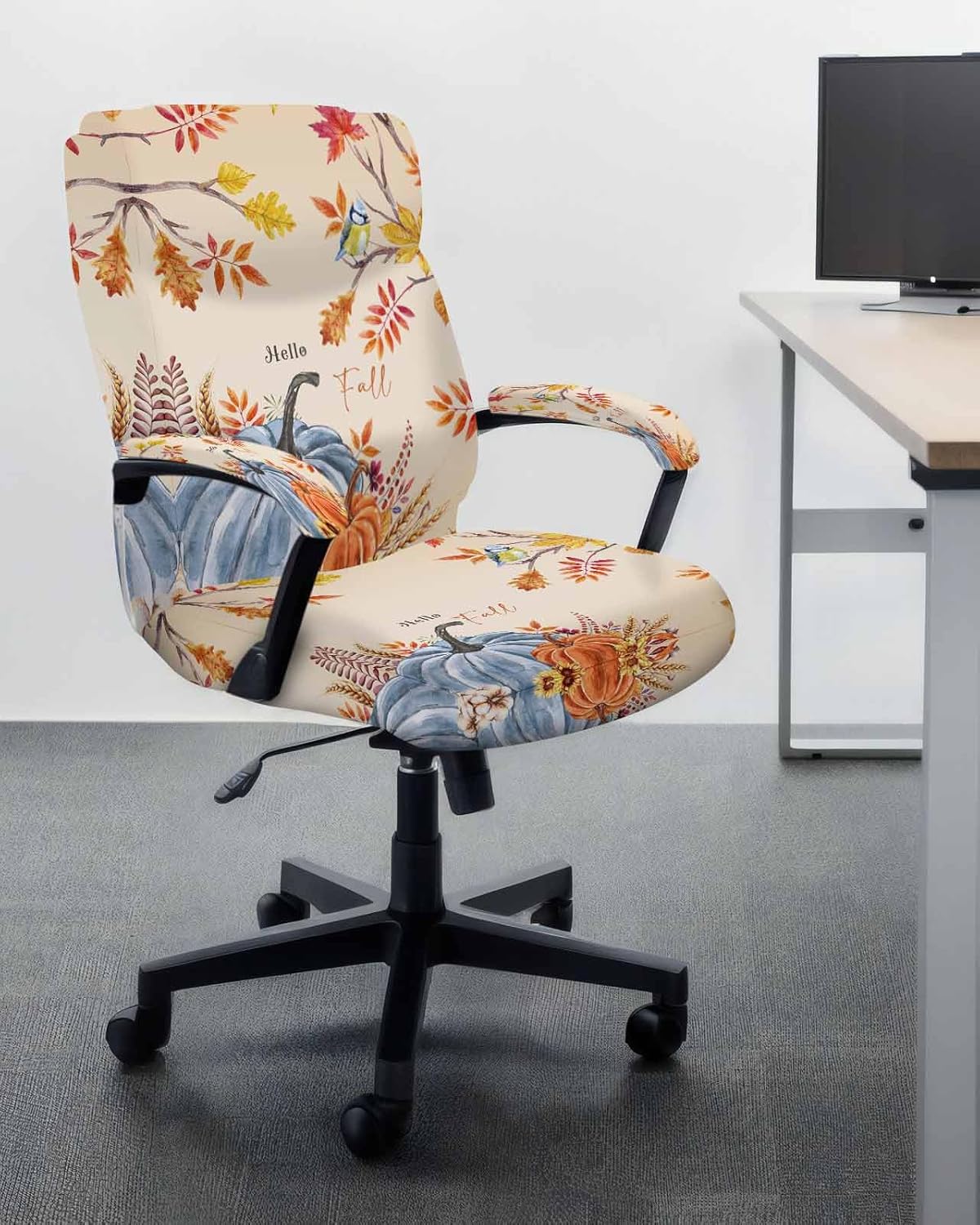Hello Fall Office Chair Cover Large Stretchable with Armrest Covers,Thanksgiving Pumpkin Leaves Bird Blue Orange Removable Computer Chair Back Covers Office Desk Chair Seat Cushion Slipcovers