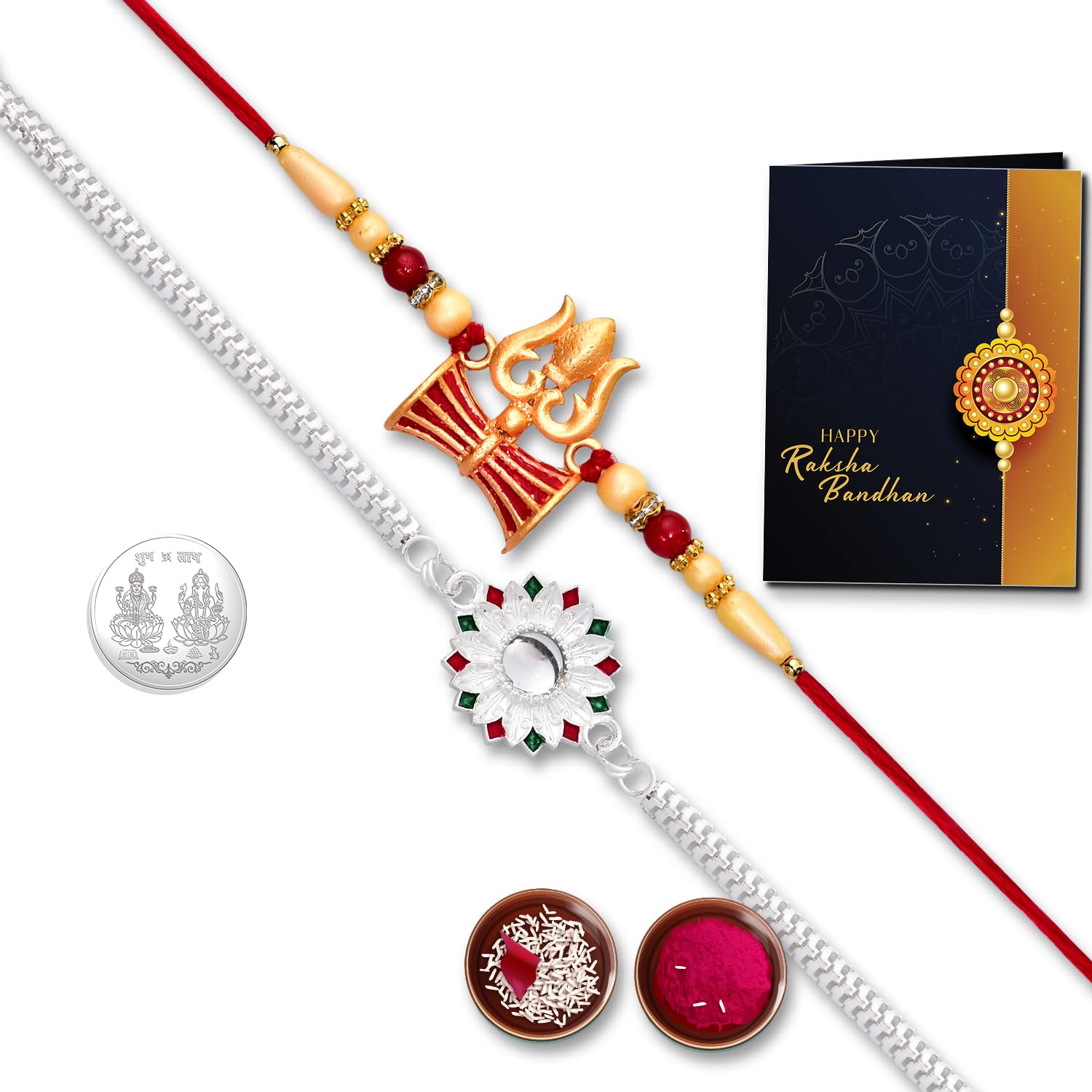 Oblivion Rakhi For Brother Rakhi Set | Golden color Trishul Damroo Rakhi | New Rakhi | Rakhi Gift Pack for Sister | Rakhi Set Of 2| With Greeting Card,Roli-Chaval,Coin(K2_504+A4) (B099YY3ZBX) Amazon Price History, Amazon Price Tracker
