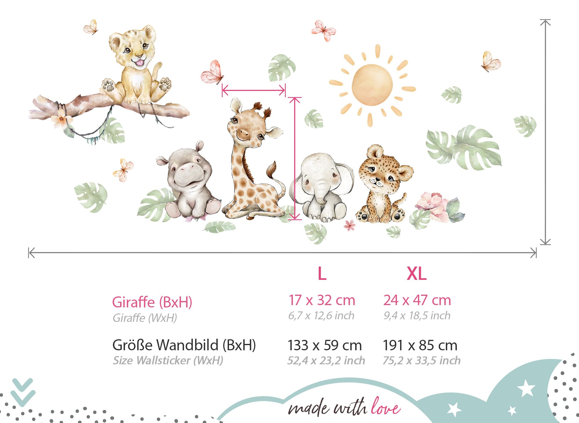 Little Deco Tatuaż ścienny zwierzęta safariowe żyrafa słoń DL5077 XL