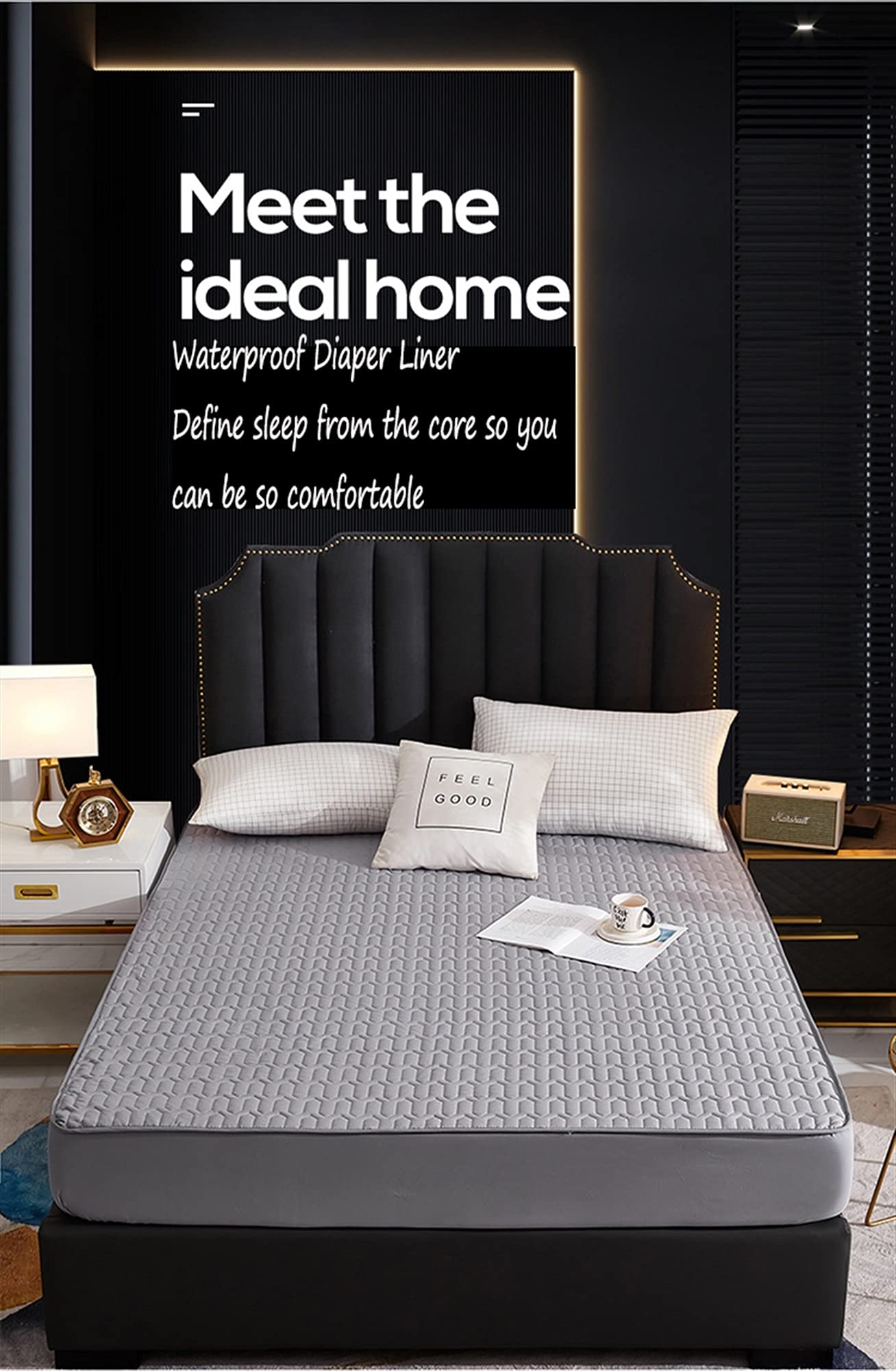 Protector de colchón impermeable tamaño King, color sólido, terciopelo de cristal, colcha para colchón de 90 x 200 cm, color negro, suave y ropa de cama