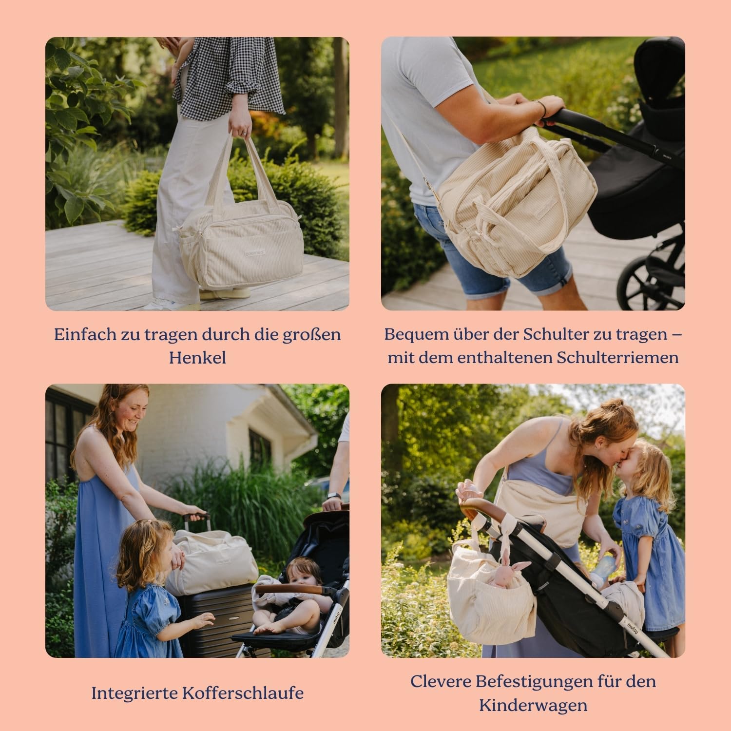 doomoo Wickeltasche Fluffy - 24l Kapazität, Abnehmbare Tasche, inkl. 8 Baby-Zubehörteile darunter Wickelunterlage, Kinderwagenbefestigungen & Isoliertasche, Windeltasche für unterwegs, Corduroy Kaki