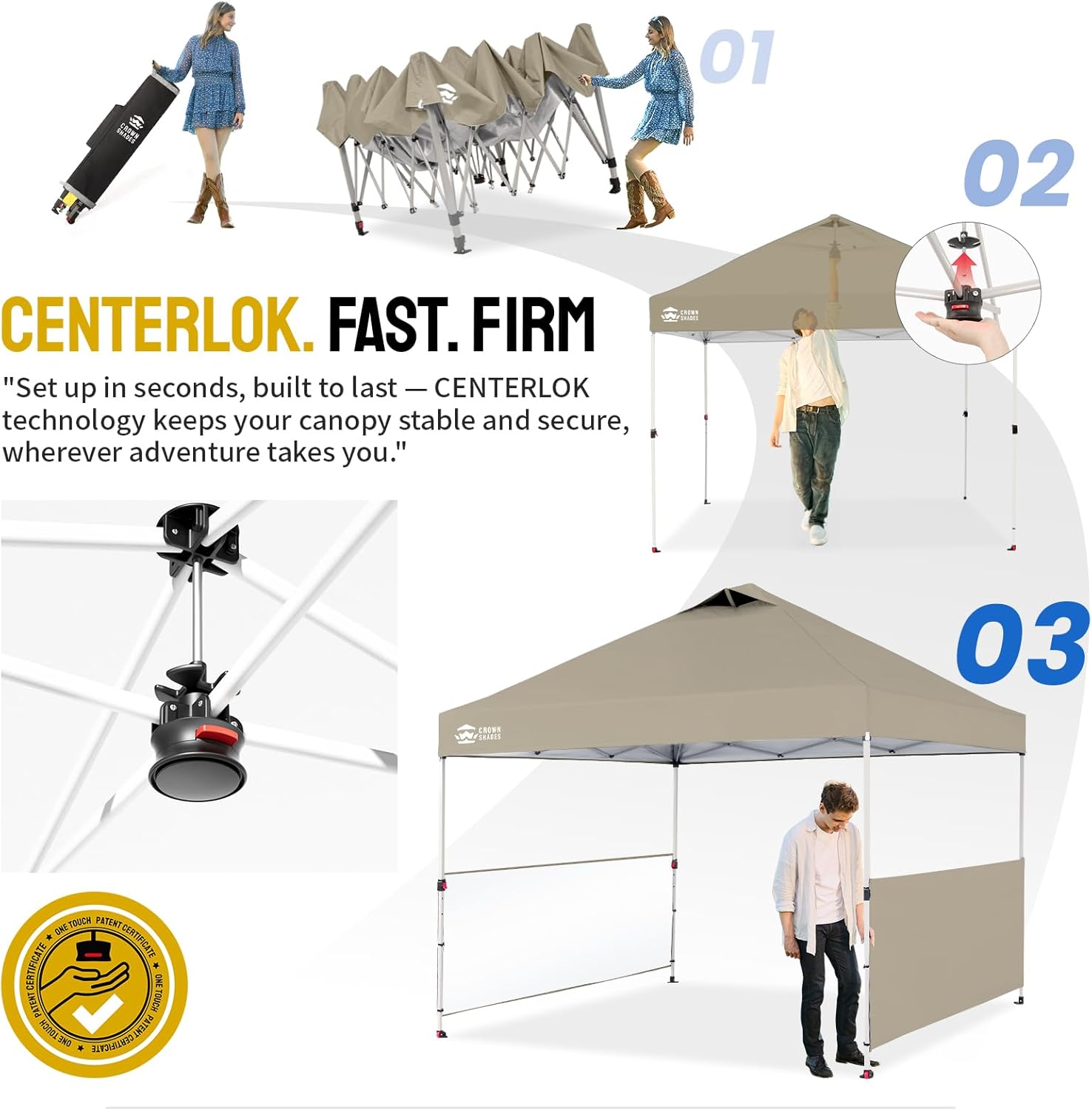 CROWN SHADES 10x10 Pop up Canopy Tent Instant Canopy with 150D Silver Coated Fabric Including 2 Half Sidewalls, 4 Ropes, 8 Stakes, 4 Weight Bags, STO 'N Go Bag, Beige