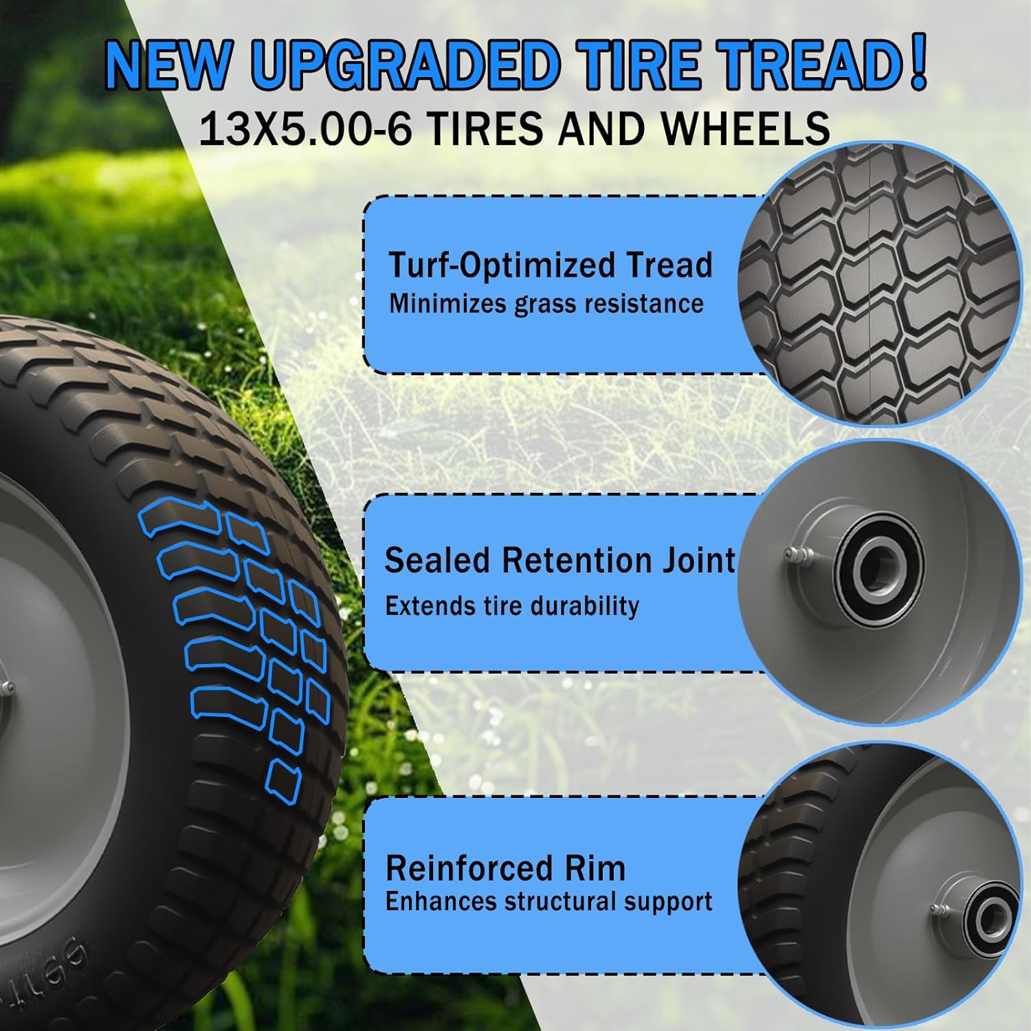 13x5.00-6 Flat Free Tire And Wheel Assemblies, Compatible For 13x5x6 Lawn Mower Tires And Wheel, With 6" Centered Hub And 3/4" Bearings, Load 400lbs, More Durable (2-Pack)