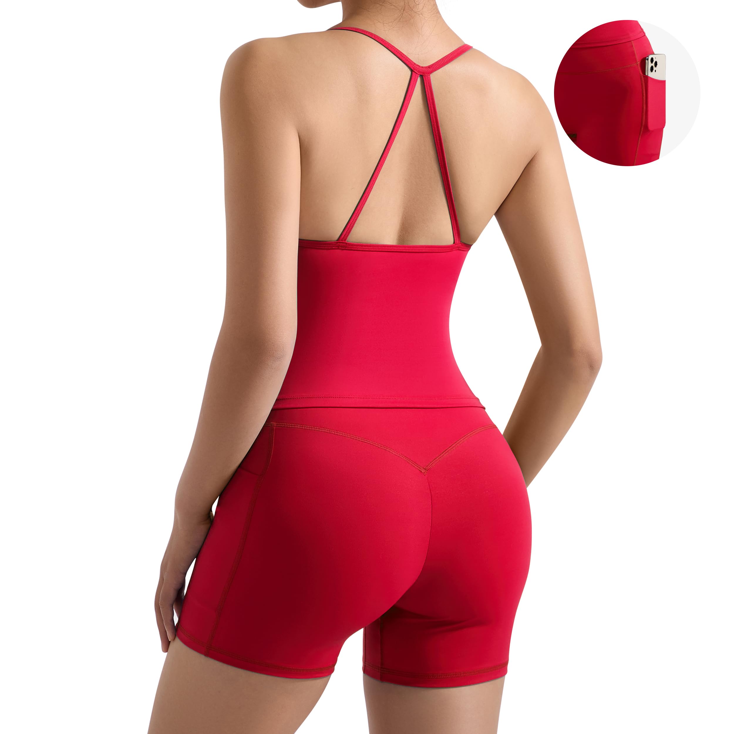 DOULAFASS Ensemble de sport dos nu pour femme - Débardeurs - Short de gym - Ensemble de yoga - Deux pièces - Avec poches