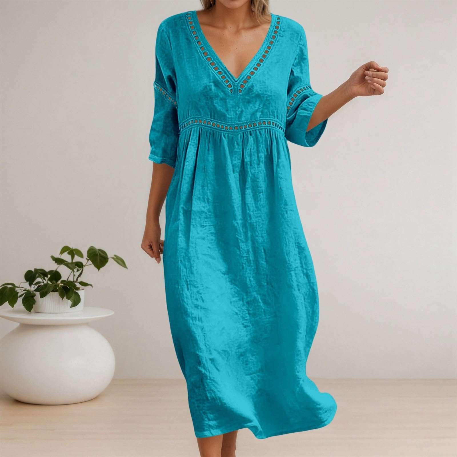 Vestito Lino Donna Estivo Abito Estivo da Donna a Maniche a 3/4, Abito Casual con Scollo V, in Cotone, Camicetta, Casual, Abiti Tunica Bianco Lungo