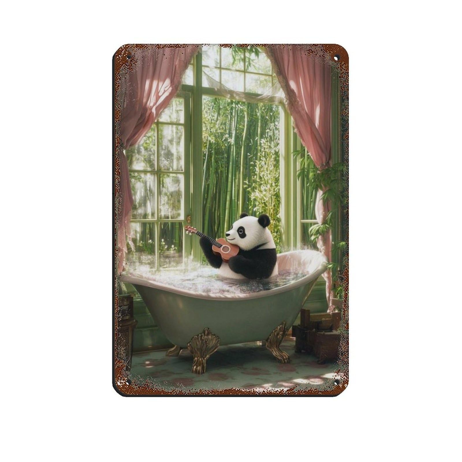 Adorable Panda Playing Ukulele in Bathtub Retro Poster Metal Tin Sign Chic Art Retro Iron Painting Bar People Cave Cafe Family Garage Poster Wall Decoration 8x12inch(20x30cm)
