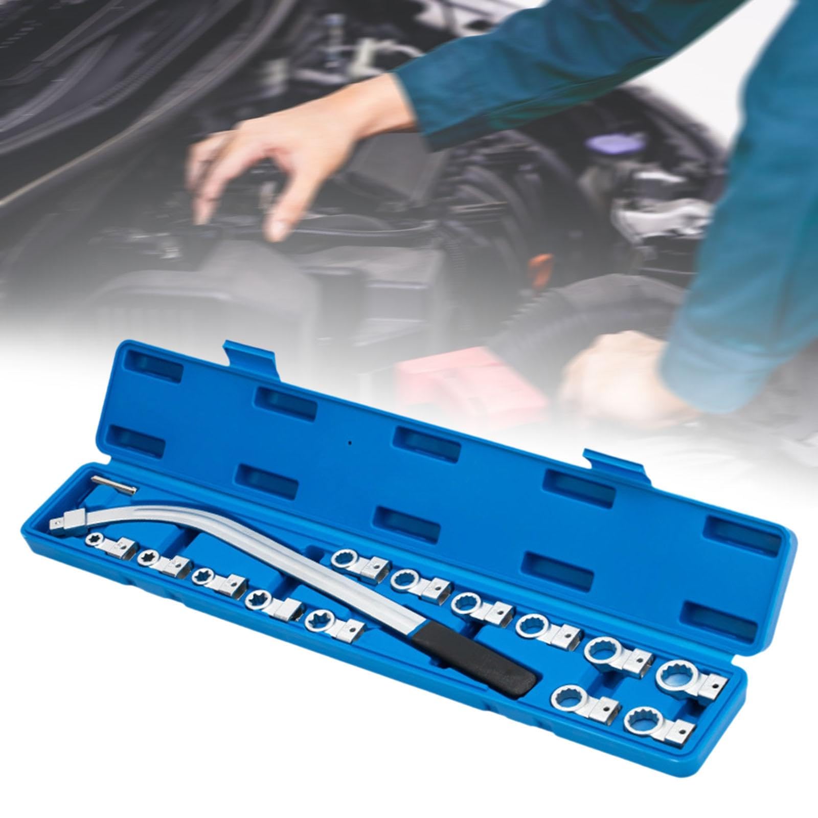 Kit de Herramientas para Tensar Correas (15 Piezas), Kit de Extracción de Poleas de 12 Puntas (12-19 Mm) con Estuche de Transporte, Juego de herramientas para tensar la correa auxiliar