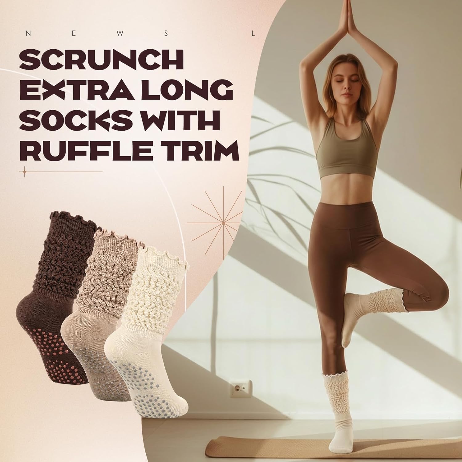 3 Pairs Pilates Grip Ruffle Socks for Women Yoga Grippy Ruffle Long Slouch Sock Non Slip Barre Hospital Socks - Image 3