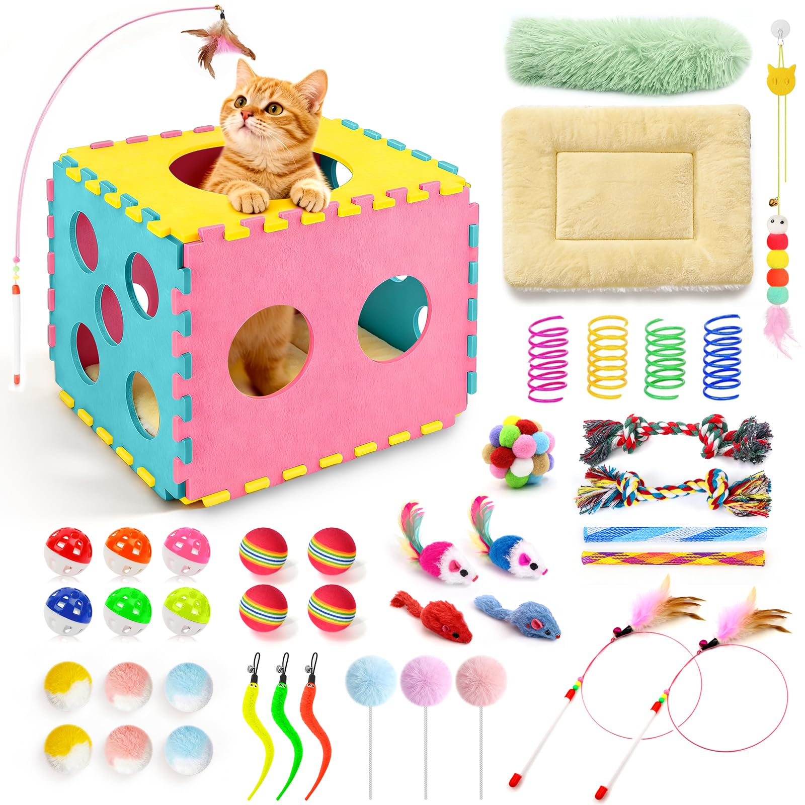 DoubleCare 41 Pcs Interactive Toys for Cats, Cat Toy Include Foldable Felt Pet Bed with Soft Pillow, Interactive Feather Wand, Bell Balls, Springs & Plush Mice for Indoor Cats Playing Exercise