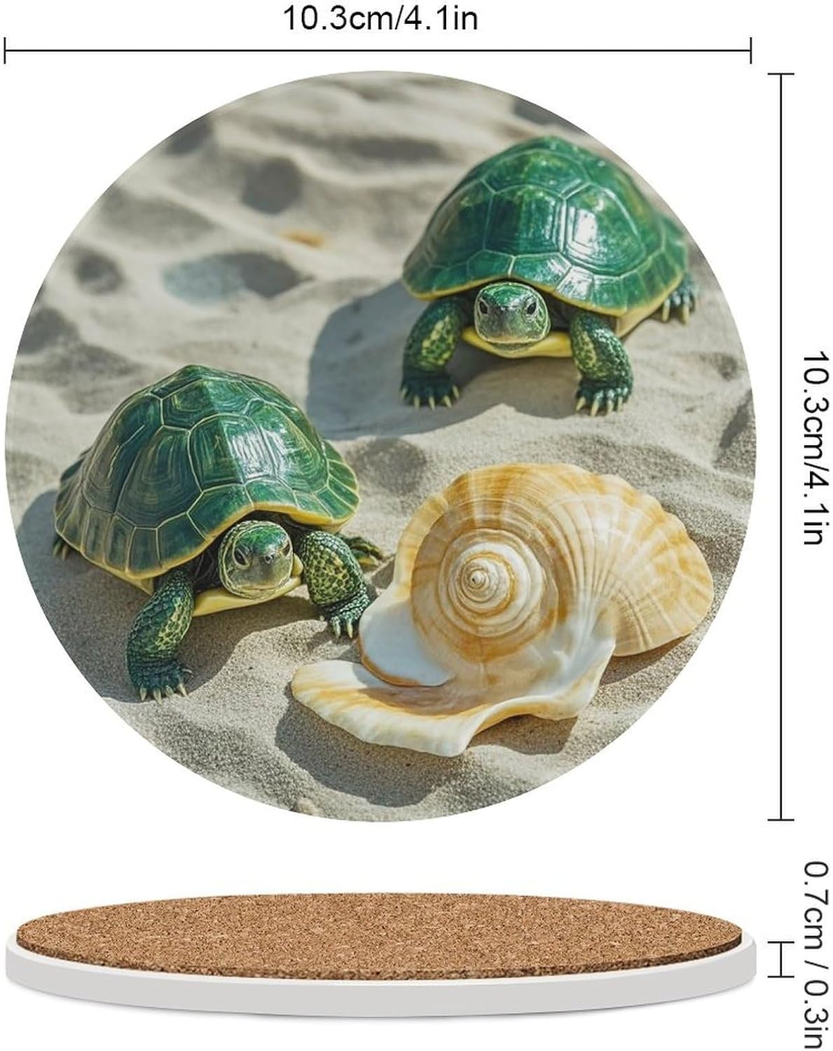 6PCS Two Turtles and Shells Coasters Non-Slip Round Drink Coasters with Ceramic Stone and Cork Base, Heat Resistant Absorbent 33.00Stone Coaster Set for Kinds of Mugs and Cups, 4 Inch