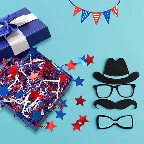 Miniatura 3 de Papel patriótico americano de corte arrugado rojo azul de 1 libra con confeti estrella, relleno de papel de rafia de tejido, hebras para cestas de