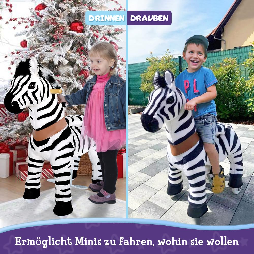 PonyCycle® Zebra Schaukelpferd | für Kinder 3–4 Jahre, 76cm | Plüsch Zebra Reitpferd mit Handbremse | Zebra auf Rollen, Schaukeltier, Kindergeburtstag | Klassisches Modell U – Ux368