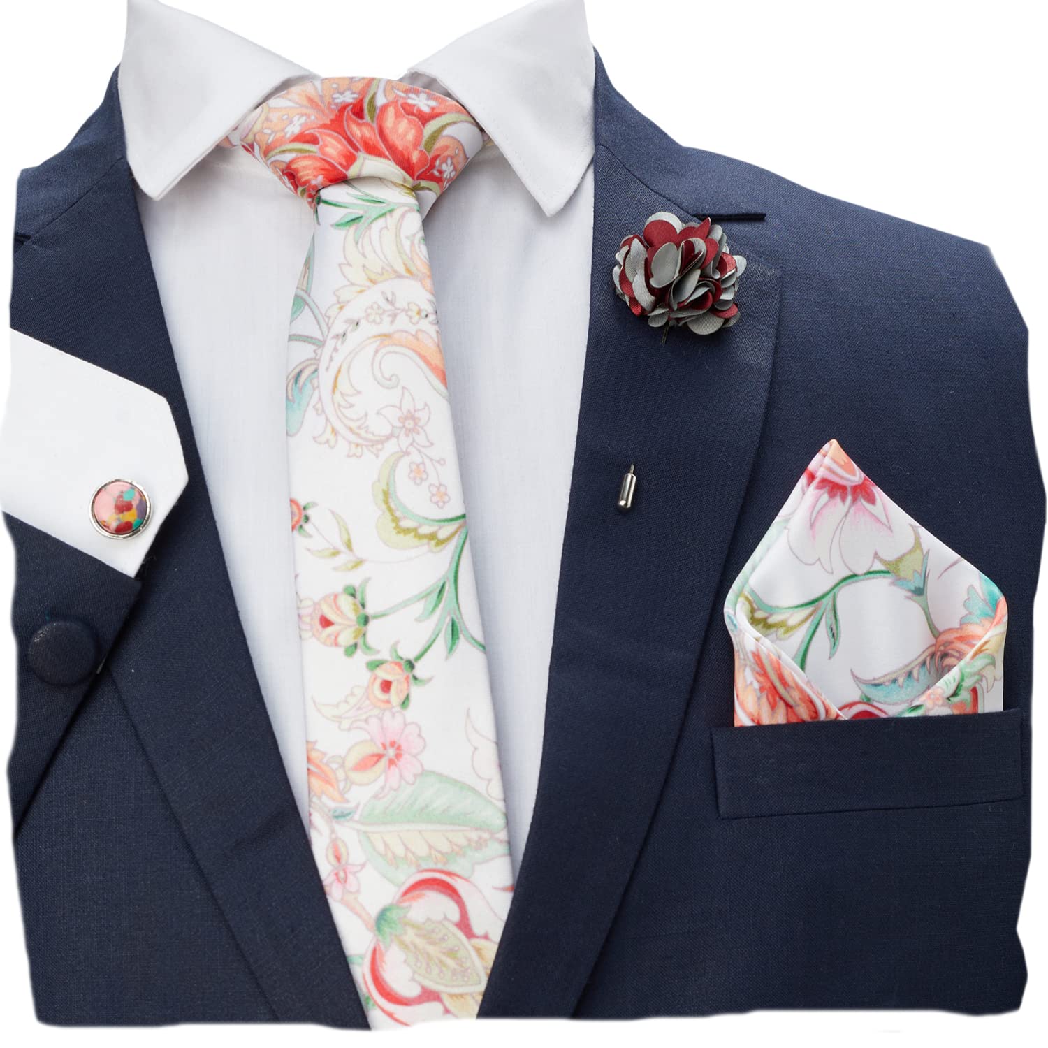 blacksmith Tie, Cufflink, Pocket Square, Lapel Pin, Set of 4 for Men [ Free Size ] WHITE FLORAL-picture-28