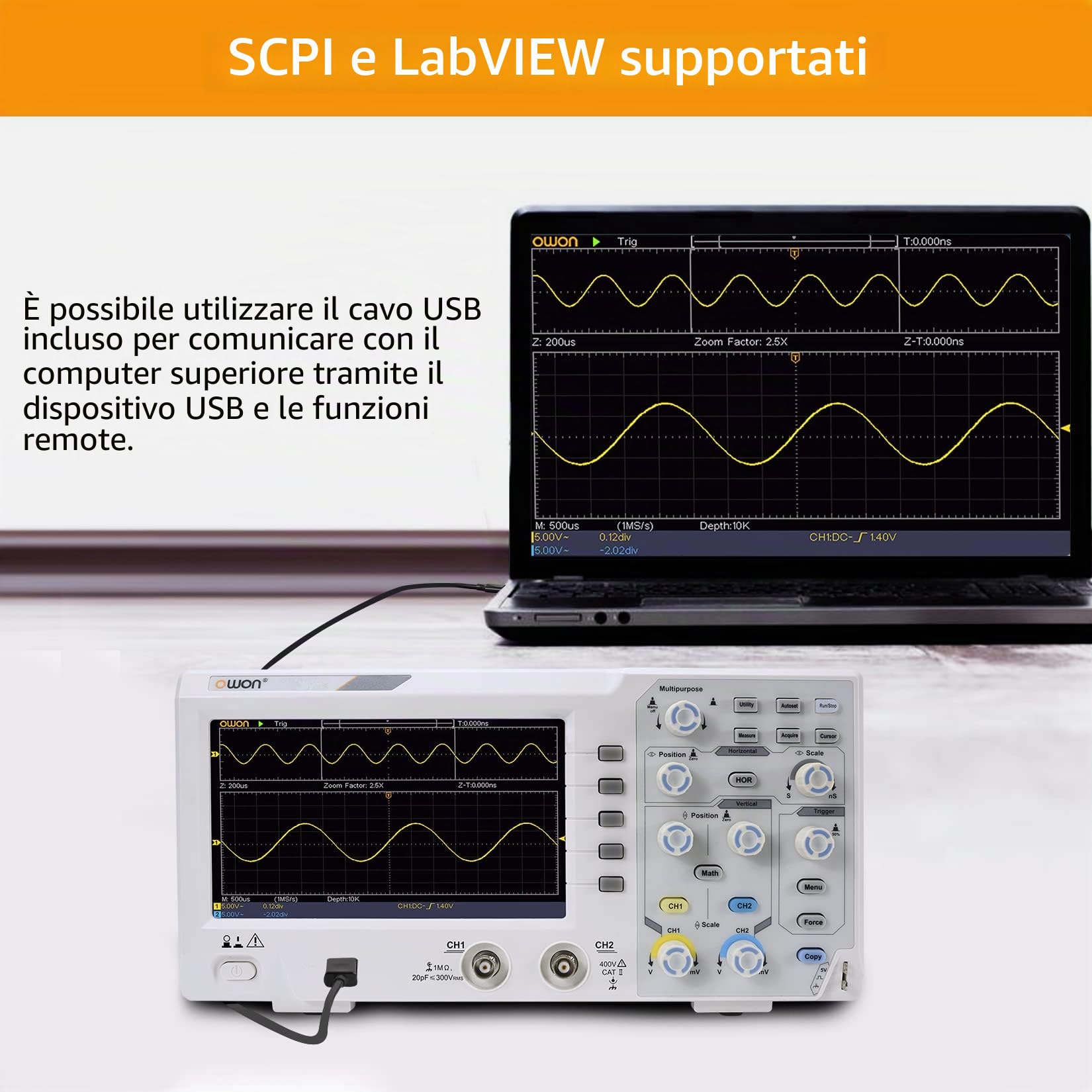 OWON SDS1102 Oscilloscopio digitale con 2 canali, frequenza di campionamento 1GS/s, LCD ad alta risoluzione da 7 pollici, larghezza di banda 100MHZ, kit oscilloscopio professionale portatile