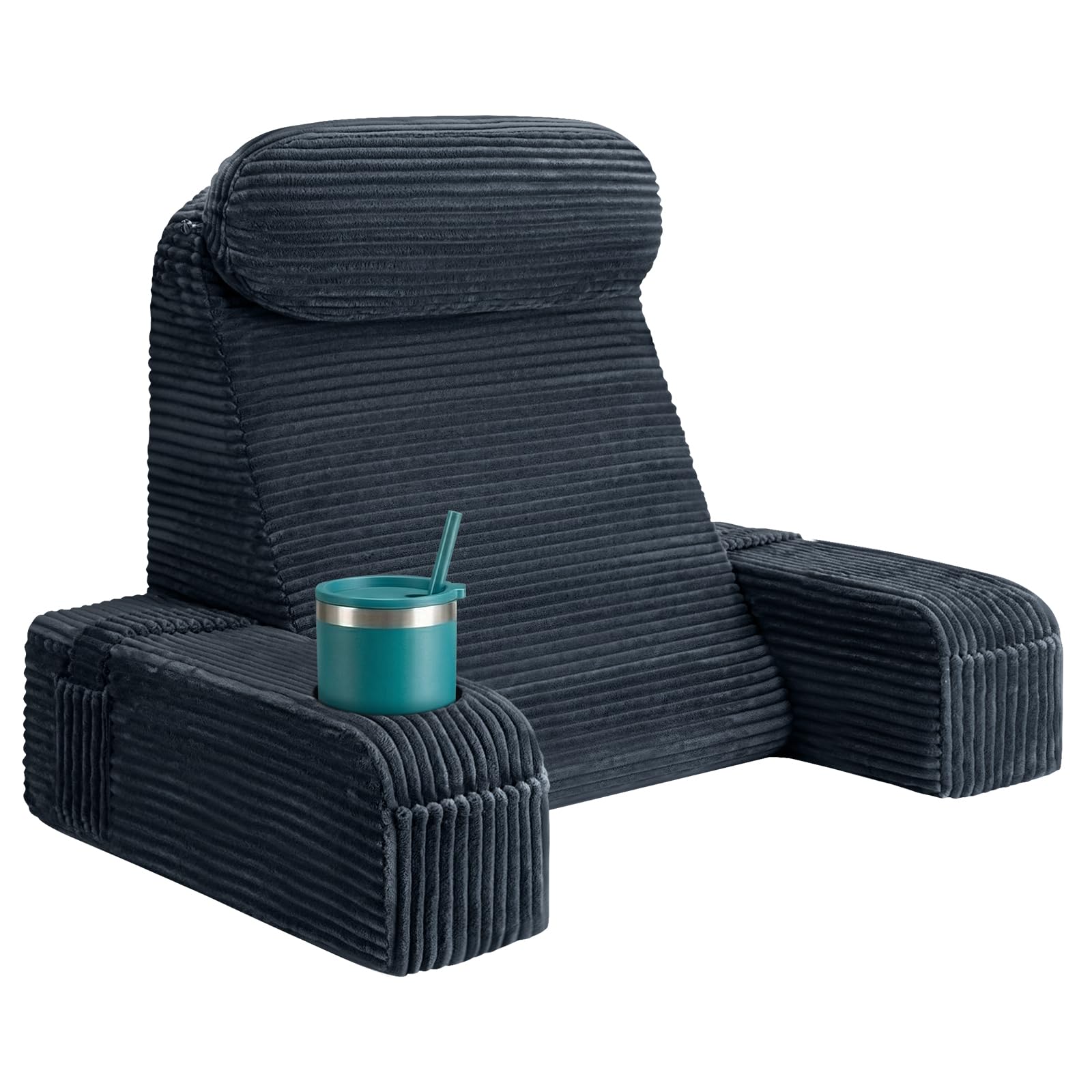 AS AWESLING Reading Pillow for Adults, Back Pillow for Bed Sitting Up, Backrest Cushion for Sitting in Bed, Detachable Arms with Built-in Cup & Phone Caddy (BLACK-CORDUROY, 19 INCH)