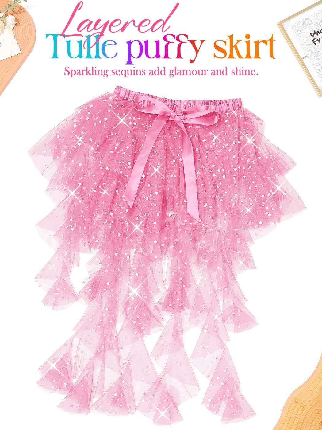 Nicute Sequin Ruffle Tulle Skirt High Low Dance Skirt Layered Dress Up Mermaid Costume for Women (Pink)