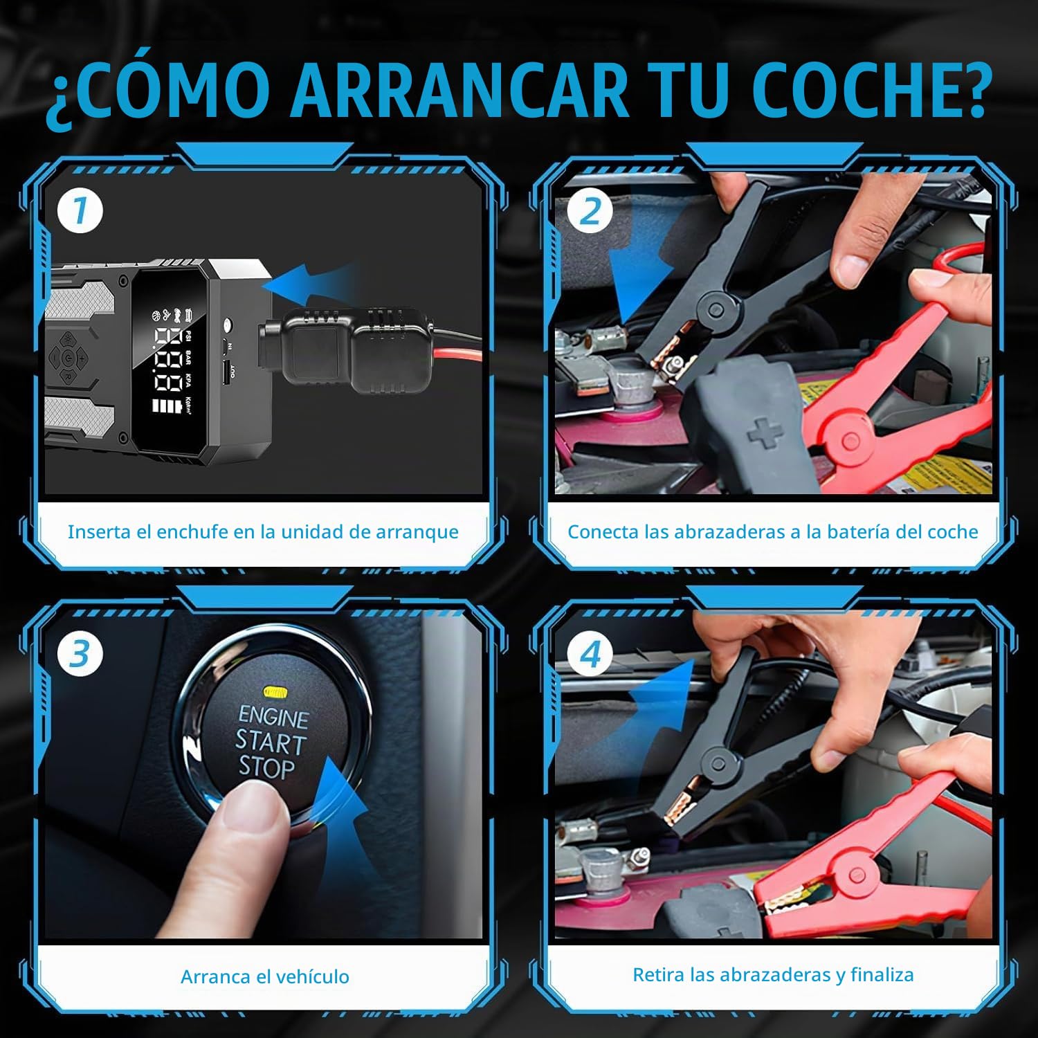 Car Jump Starter Power Pack con Compresor de Aire 6000A Cargador de Batería Portátil Jump Box Jumper Power Pack Banco de Energía de Arranque de Emergencia con Linterna LED y Pantalla LED (Amarillo)