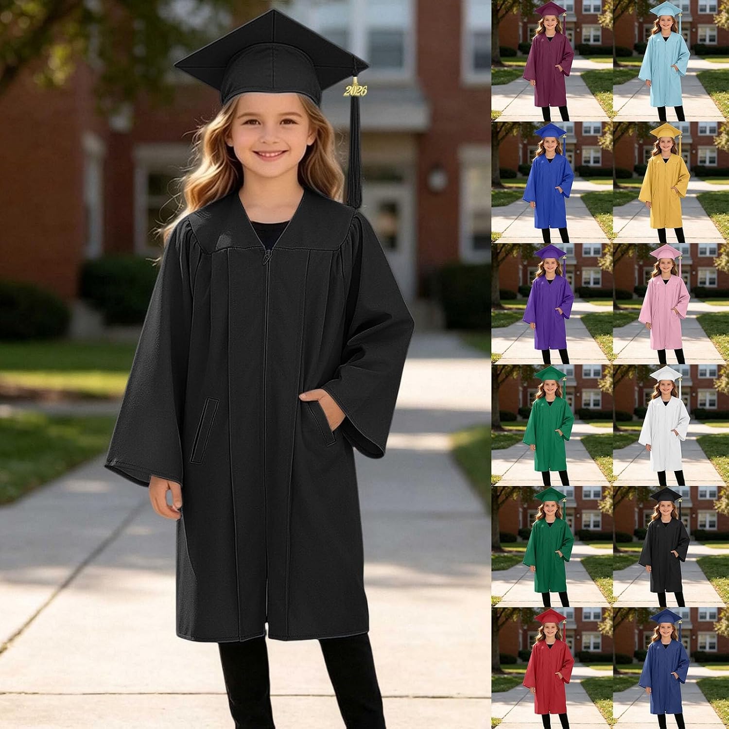 Preschool Kindergarten Graduation Gown and Cap Tassel with 2026 Charm Set for Kids Graduation Robe with Pockets