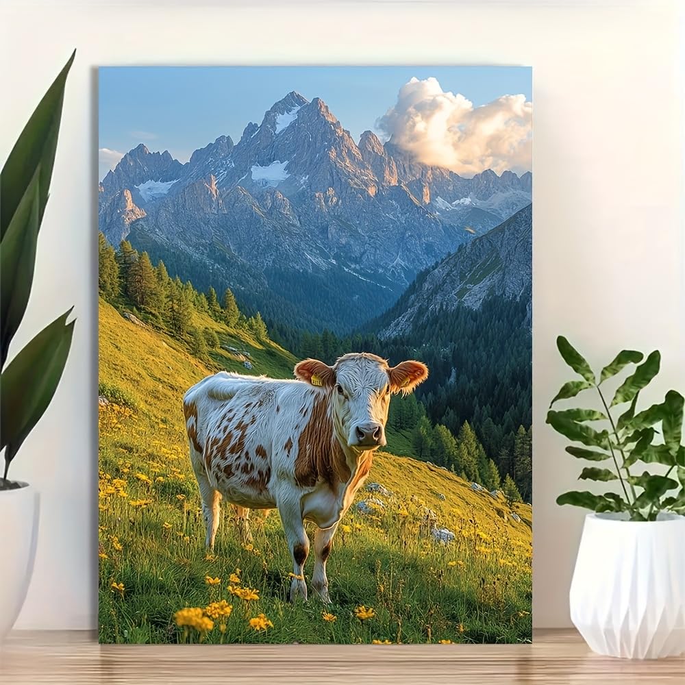 Obraz ścienny z motywem krowy w Dolomitach, obraz ścienny z motywem krowy, do salonu, korytarza (50 x 60 cm/z ramą)