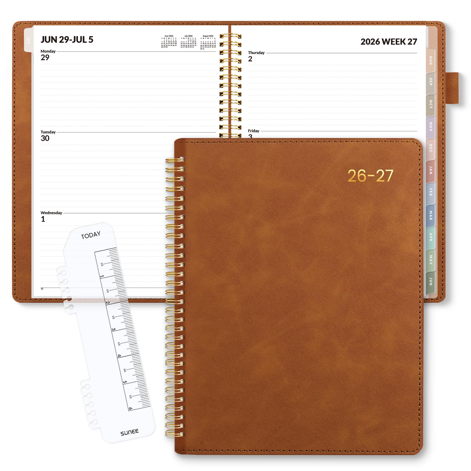 SUNEE Agenda settimanale e mensile 2024-2025, con copertina rigida, 22,9 x 28,4 cm, 12 mesi (luglio 2024 - giugno 2025), copertina in pelle vegana, calendario accademico, tasca, appunti, scheda