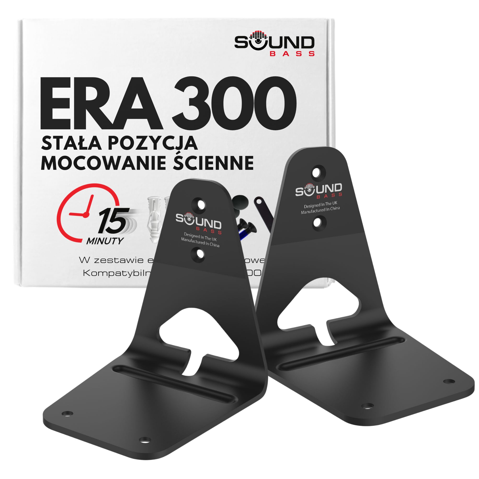Sound Bass ERA300 Uchwyt Ścienny, Niski Profil, Czarny, Zestaw Podwójny, Kompatybilny z Głośnikiem Sonos ERA 300, Kompletny ze Wszystkimi Elementami Montażowymi