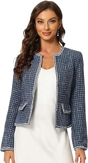 Allegra K Damen Langarm Kragenlos Kariert Vorne Offen Kurzer Arbeit Blazer Jacke Dunkel Blau