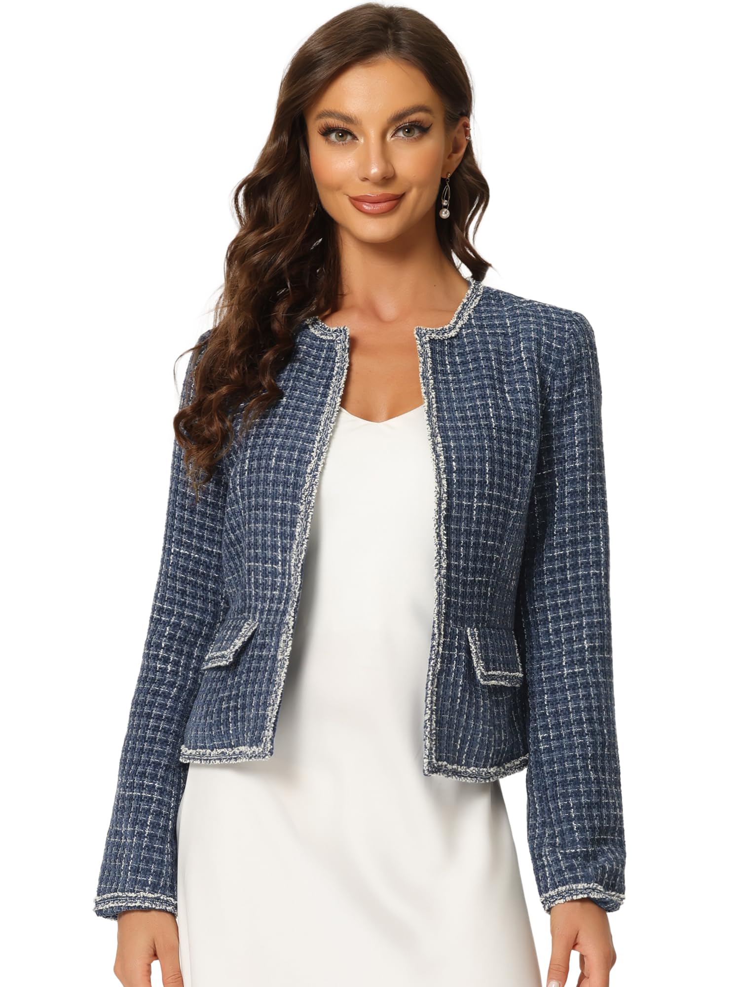 allegra k Women's Plaid Tweed Blazer Long Sleeve Open Front Work Office Short Jacket-picture-8