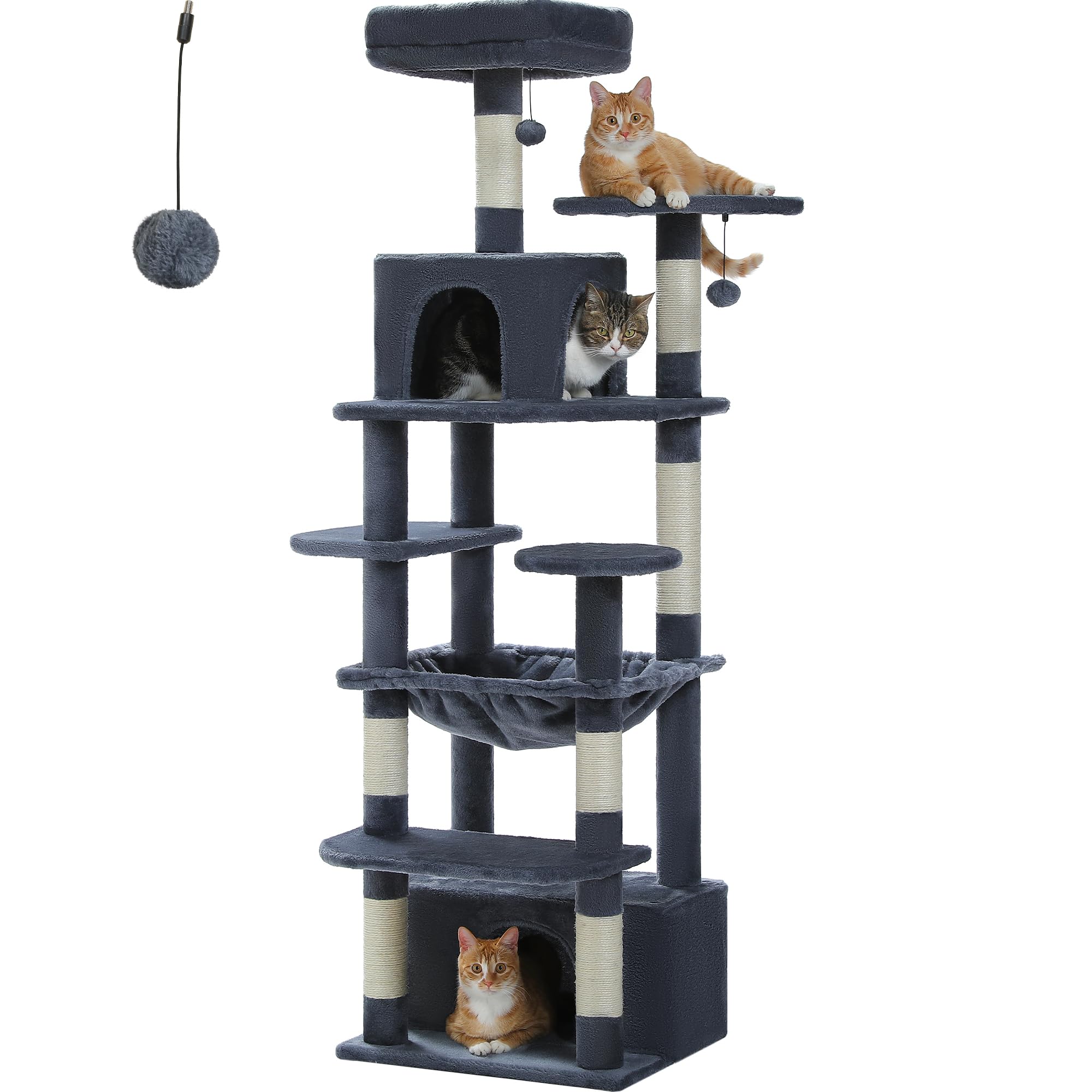 PAWZ RoadLarge Cat Tree, 64.5 Inches Cat Tower for Medium Cats, Cat Condo with Sisal-Covered Scratching Posts and Pads, 2 Padded Perch, Dual Condo and Basket for Indoor Cats-Dark Gray