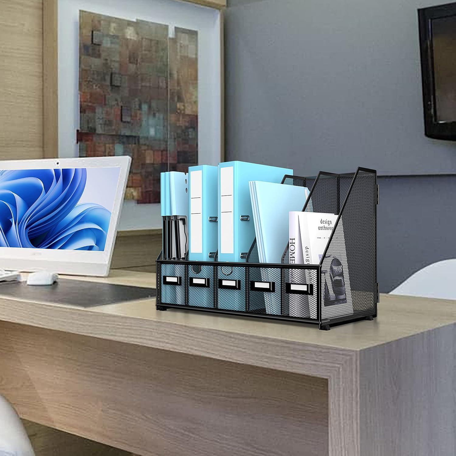 Porte-revues en métal pour bureau avec 5 compartiments verticaux, organiseur de bureau pour bureau, espace de travail à domicile, noir Plus