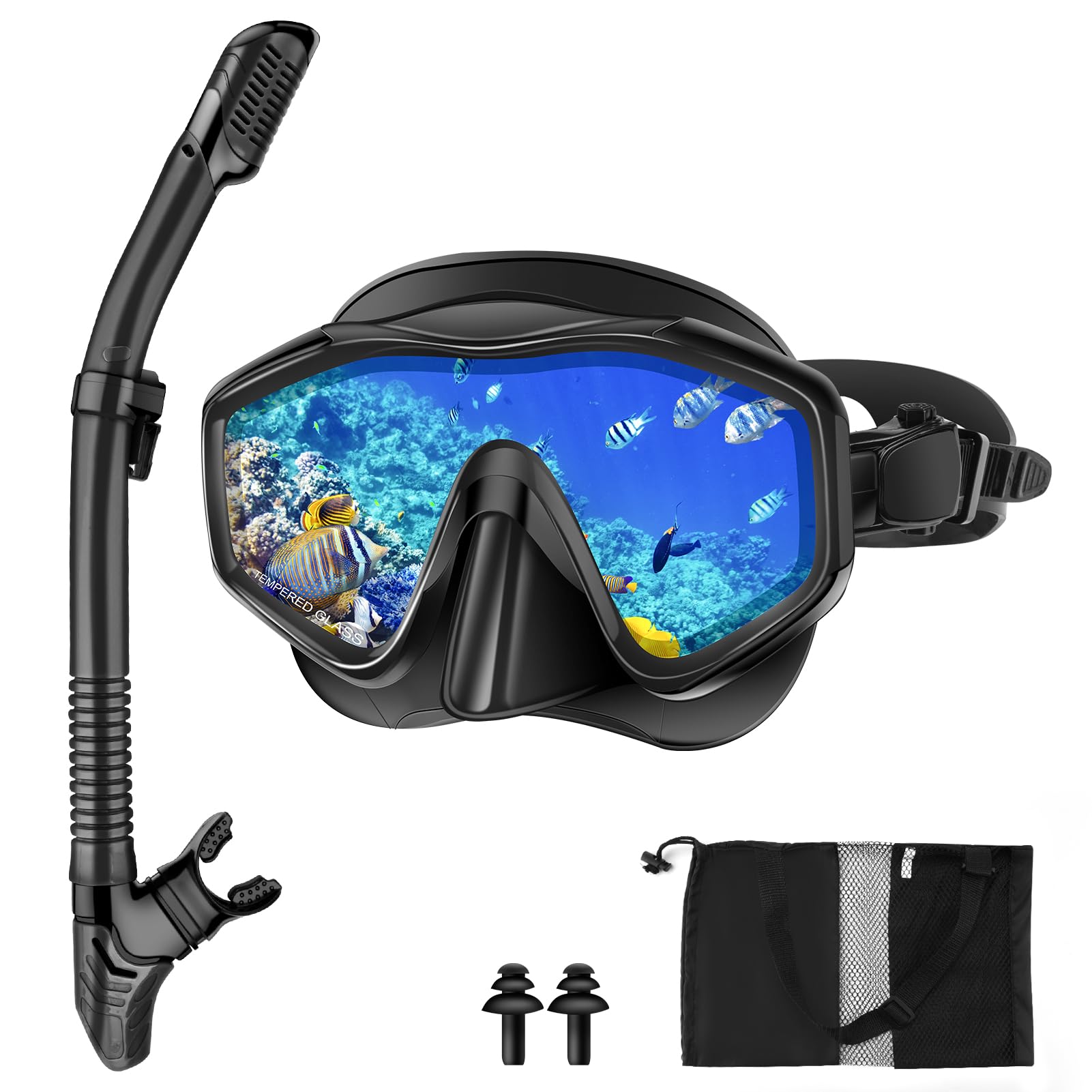 Nigecue Schnorchelset Erwachsene, Schnorcheln Set mit Taucherbrille und Dry Schnorchel, Anti-Leck Anti-Fog Tauchmaske aus Gehärtetem Glas für Schnorcheln, Schwimmen und Tauchen