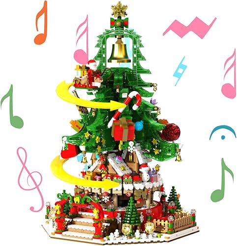 Juego de bloques de construcción de Navidad con luces, Melody Land 2963 piezas, árbol de Navidad giratorio con música, regalos creativos para niños